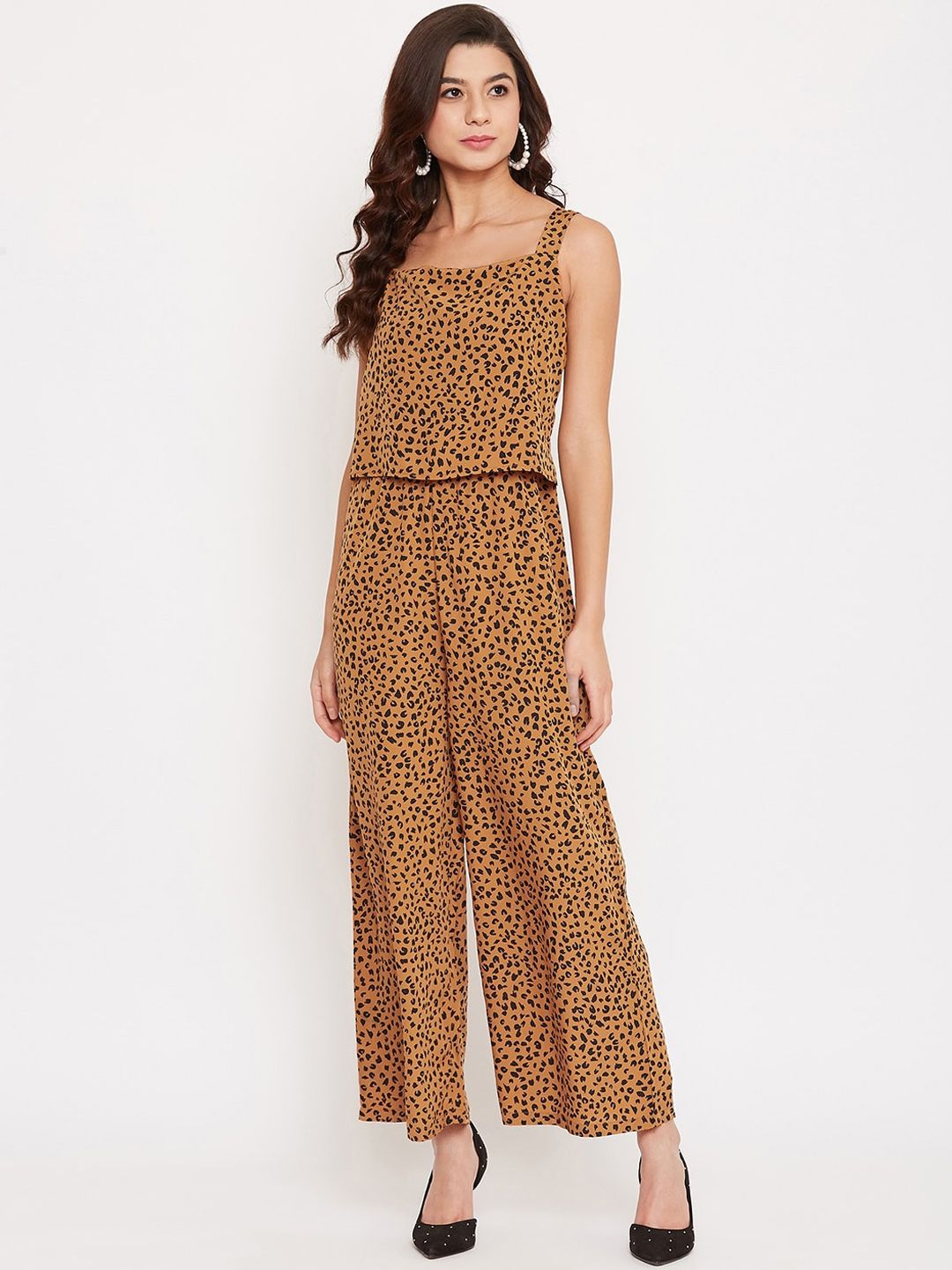 Ruhaans Women Black & Brown Printed Basic Jumpsuit Price in India