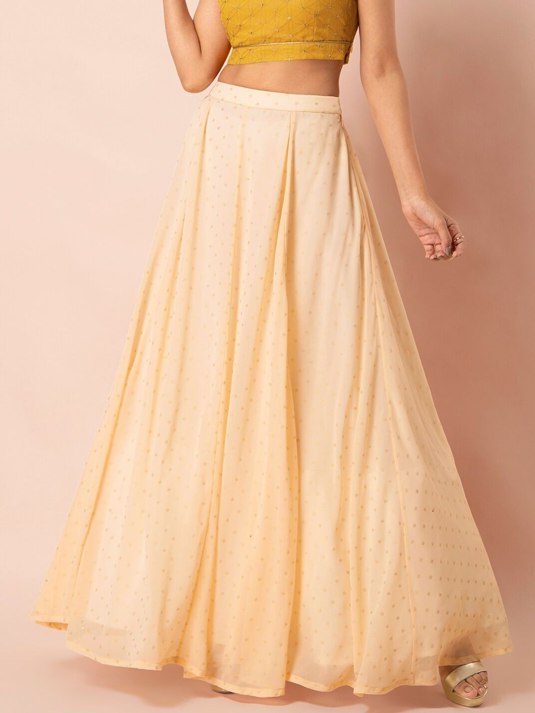 INDYA Women Cream-Coloured Self Design Maxi Length A-Line Skirt