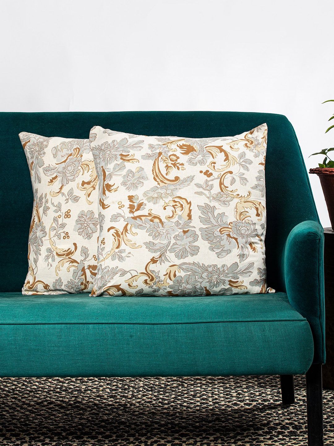 Contrast Living Set Of 2 Off-White & Grey Floral Printed Square Cushion Covers Price in India