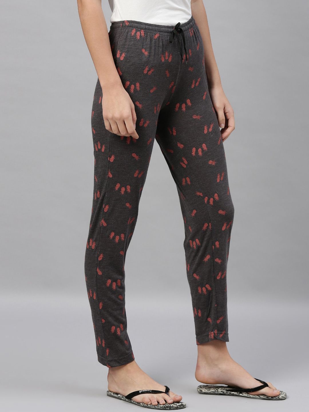 Kryptic Women Charcoal Grey & Pink Printed Lounge Pants Price in India