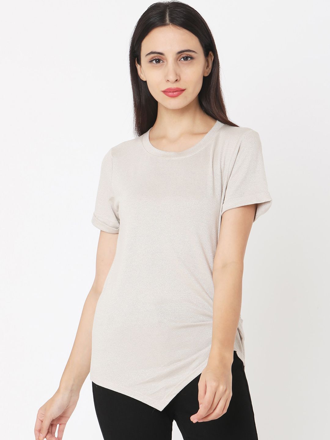 Deal Jeans Women Grey Solid Round Neck T-shirt