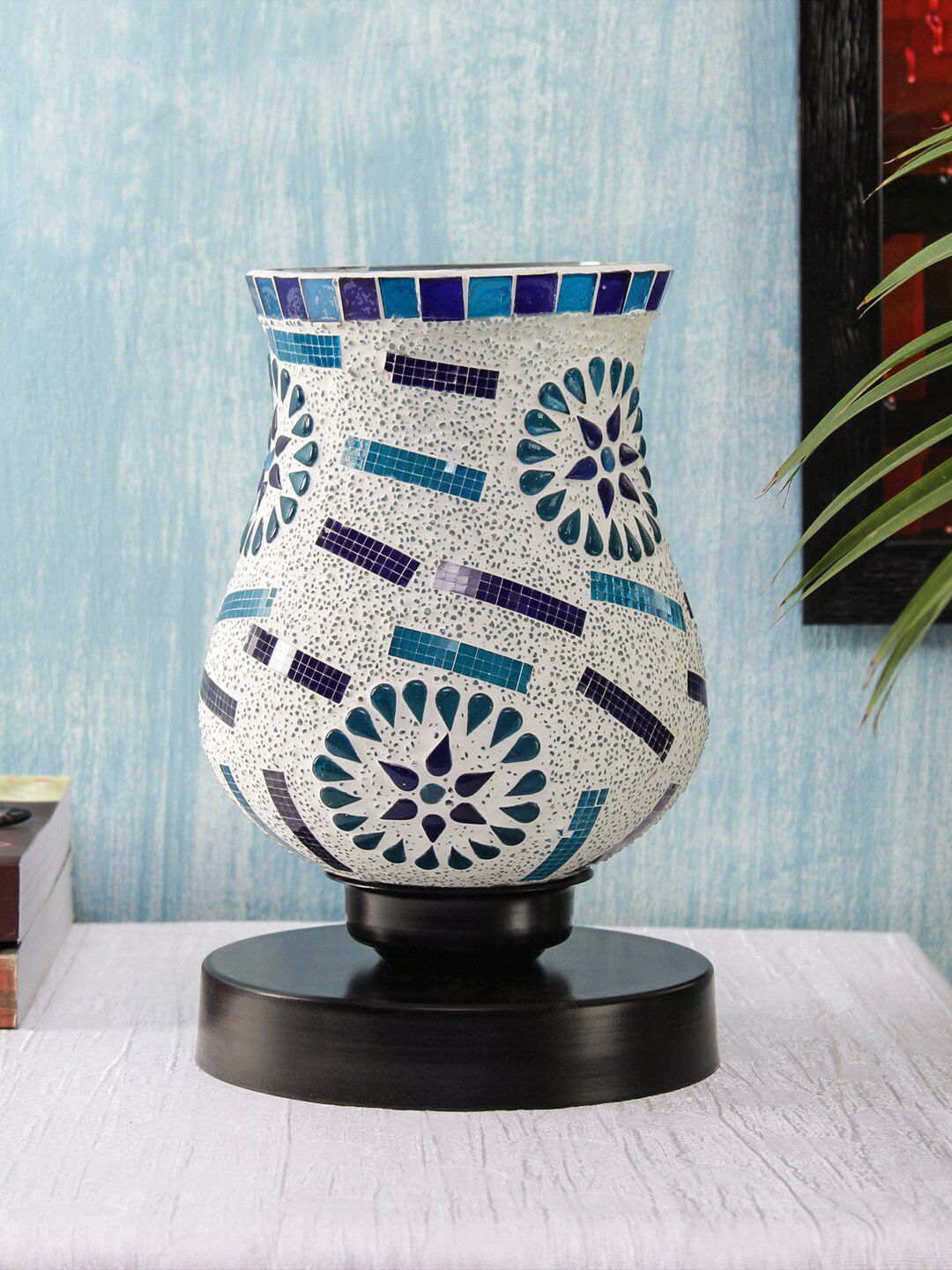 Devansh Blue & White Traditional Mosaic Glass Table Lamp Price in India