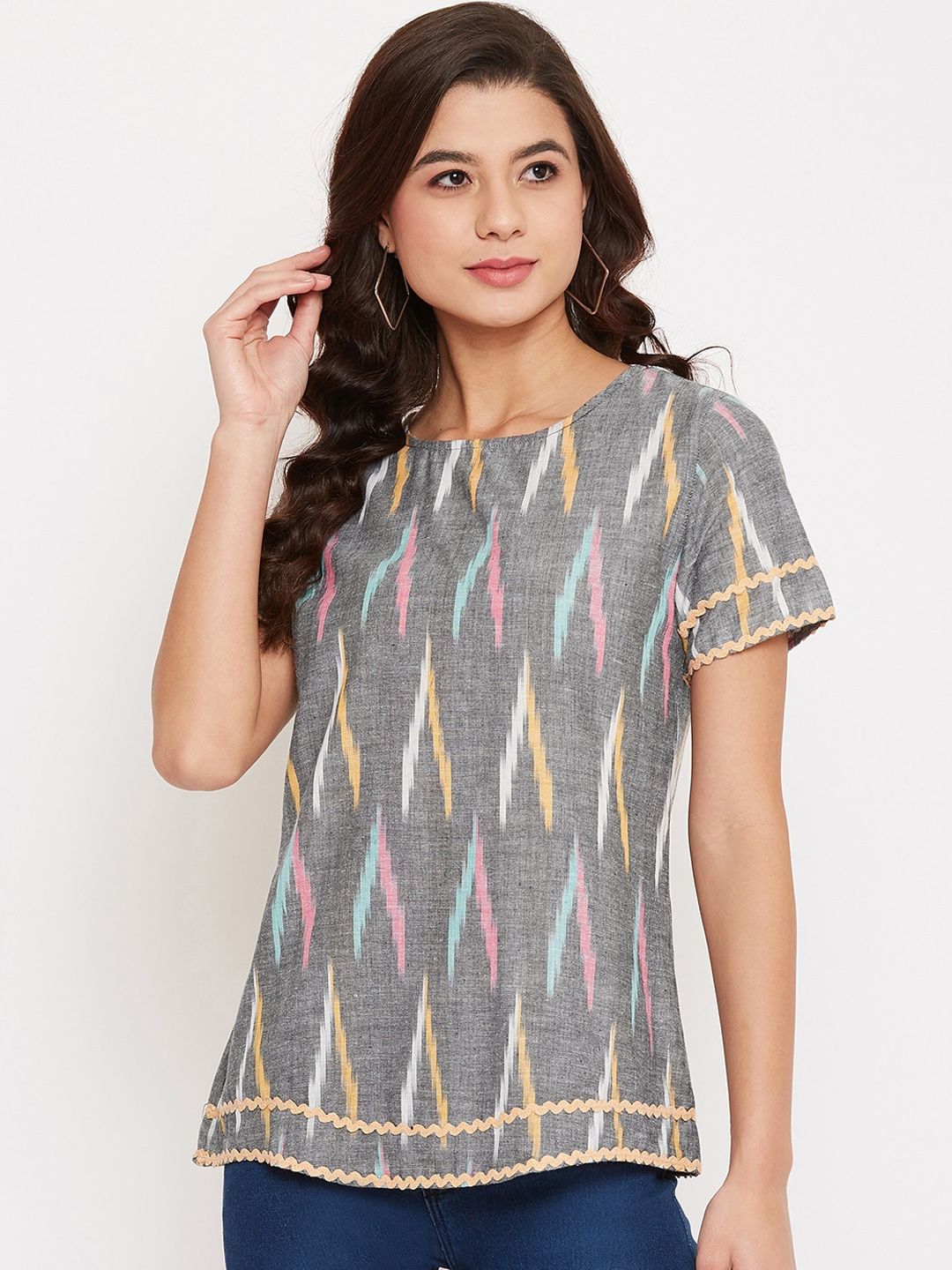 Ruhaans Women Grey Printed A-Line Top