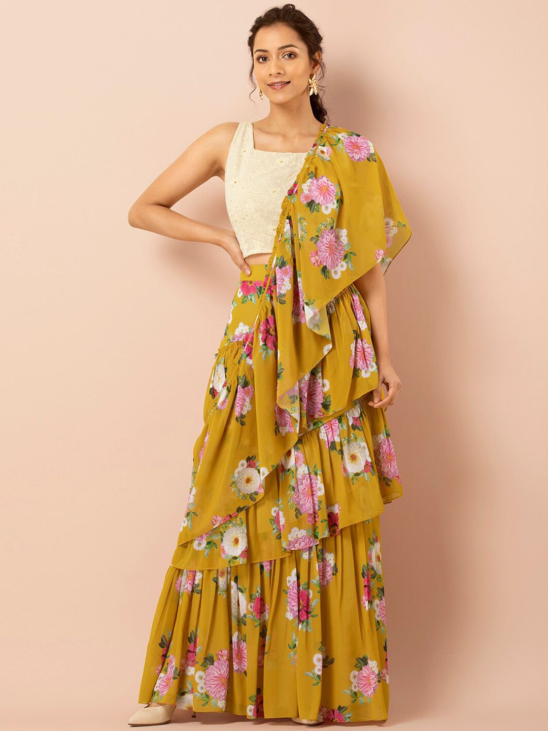 INDYA Yellow Printed Poly Georgette Floral Georgette Frilled Sari Skirt