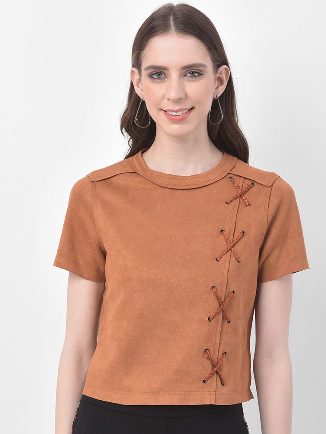 Latin Quarters Women Tan Brown Solid T-Shirt