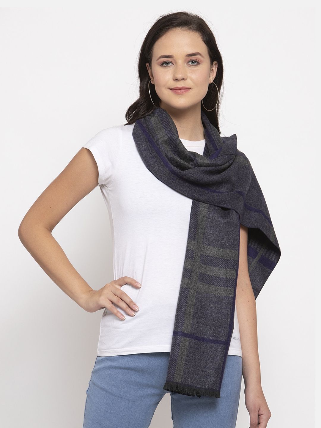 Calvadoss Women Grey & Navy Blue Checked Stole Price in India