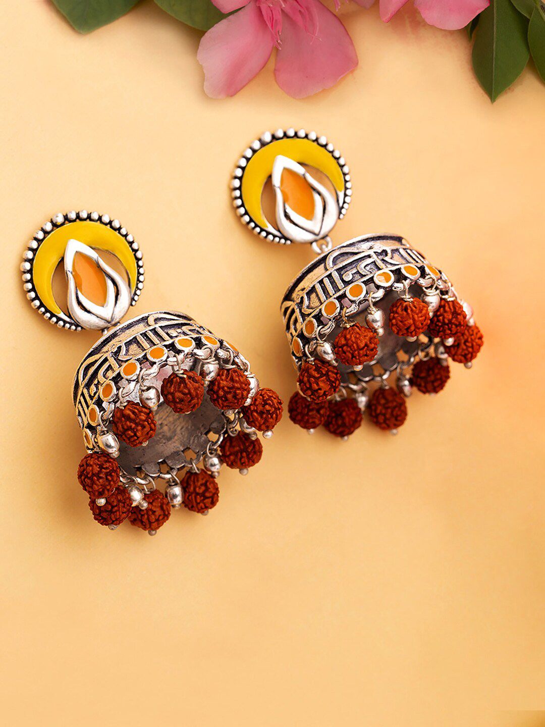 Studio Voylla Silver-Plated & Red Dome Shaped Jhumkas Price in India