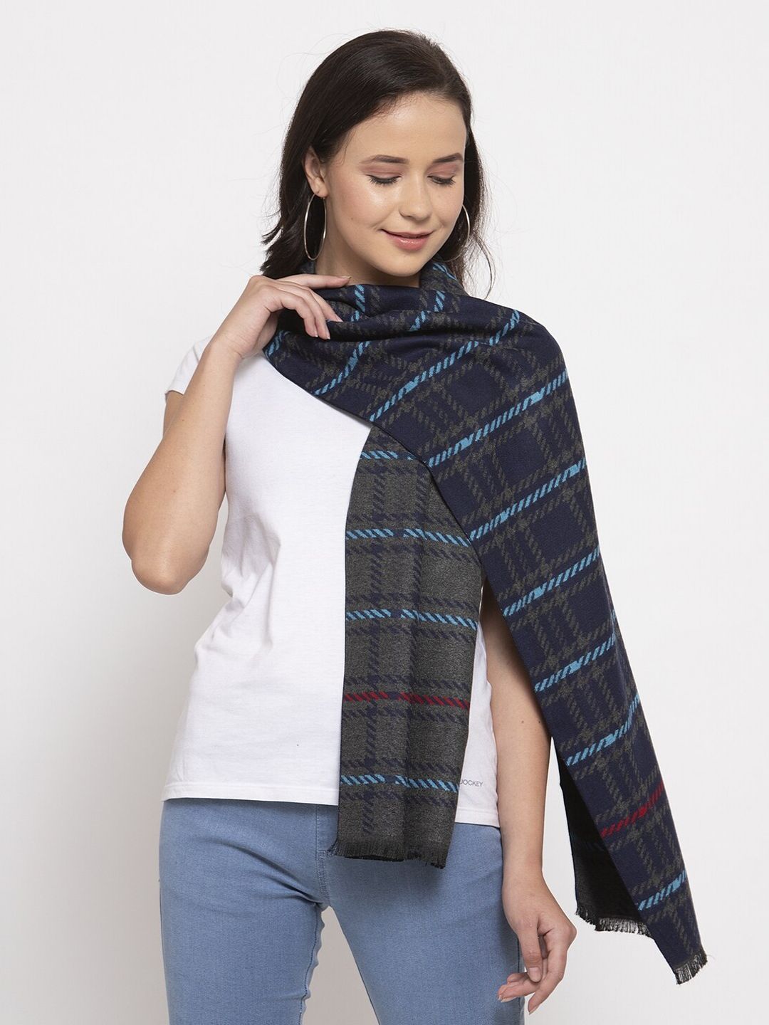 Calvadoss Women Navy Blue & Grey Checked Stole Price in India