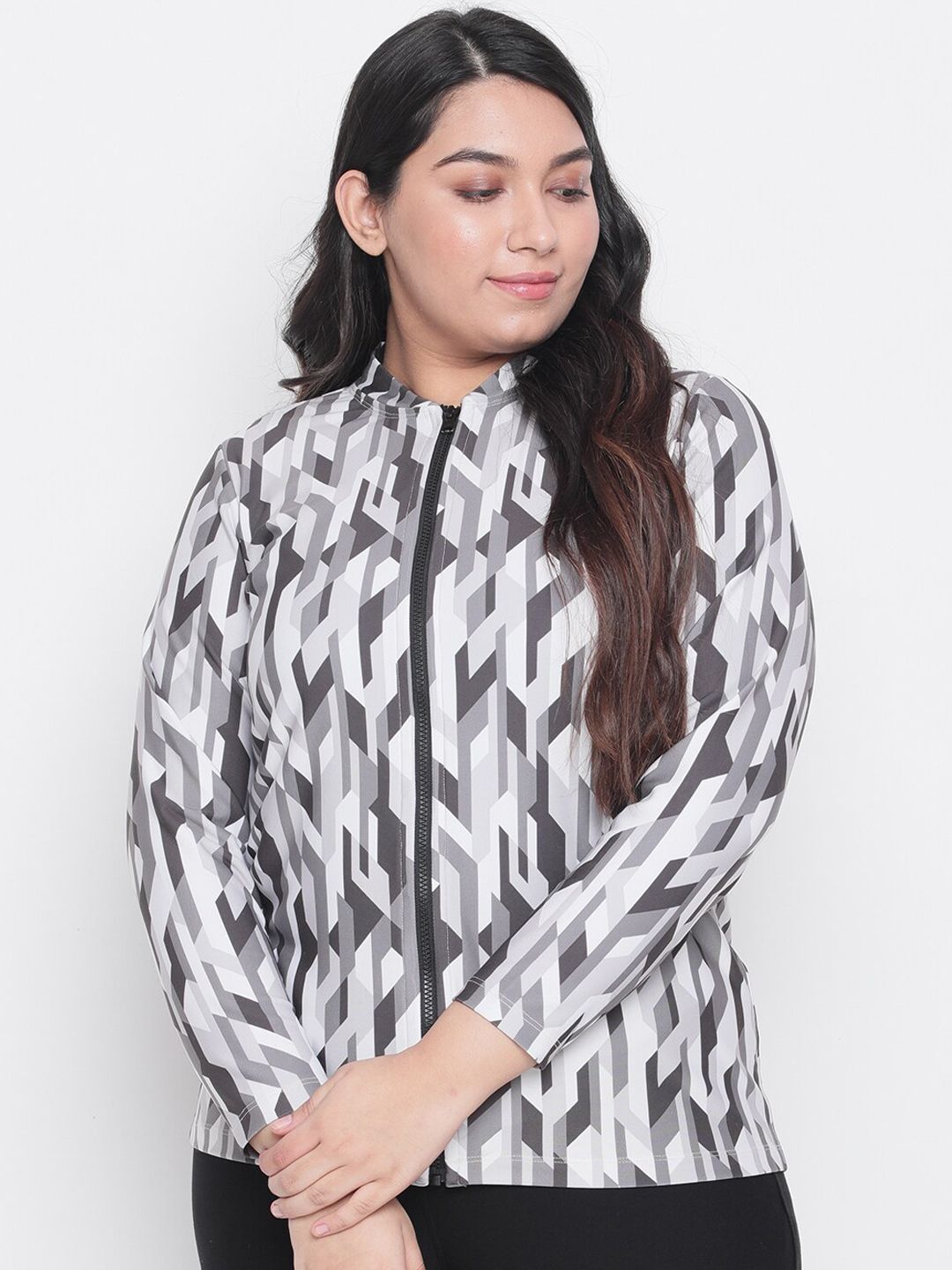 Amydus Women Plus Size Grey & White Printed Bomber Jacket Price in India