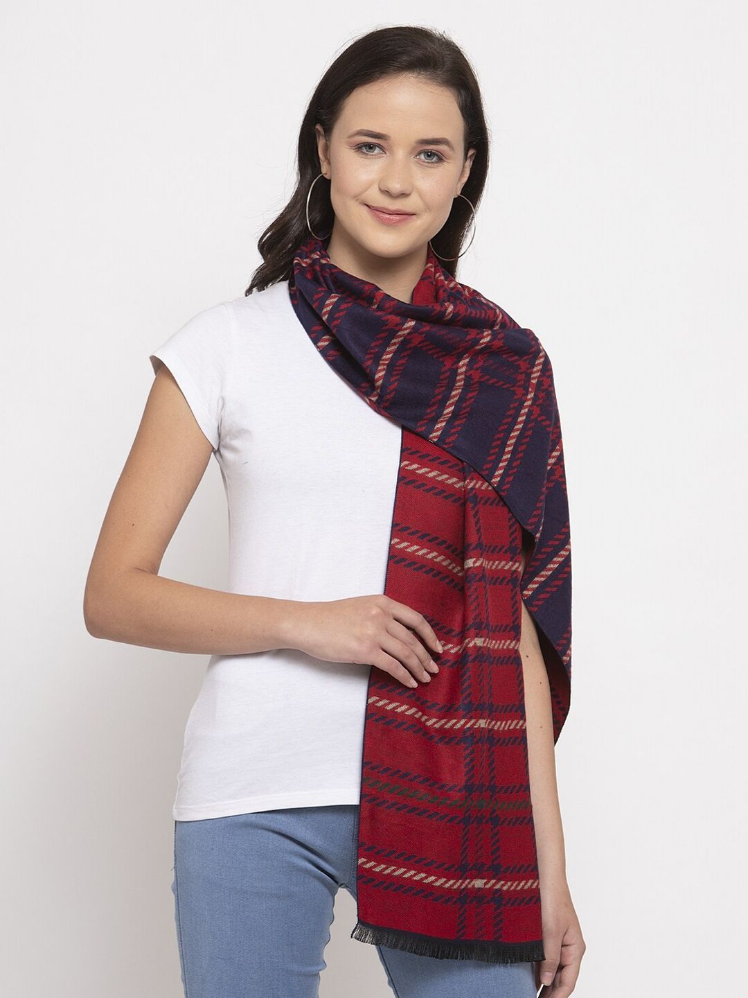 Calvadoss Women Blue & Red Checked Stole Price in India