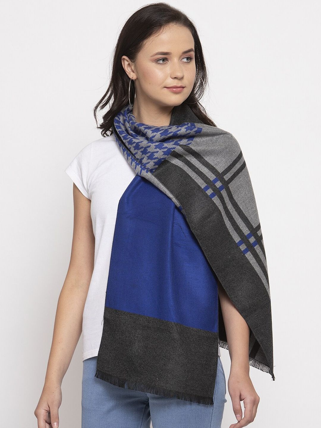Calvadoss Women Charcoal Grey & Blue Checked Stole Price in India