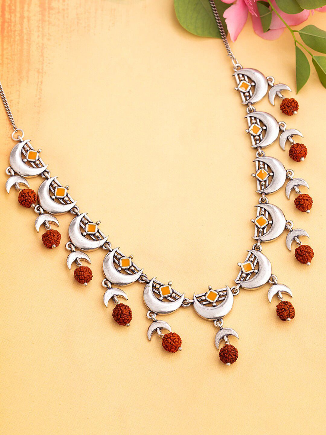 Studio Voylla Oxidized Silver-Plated Brown Aham Brahmasmi Rudraksha Beads Enamelled Necklace Price in India