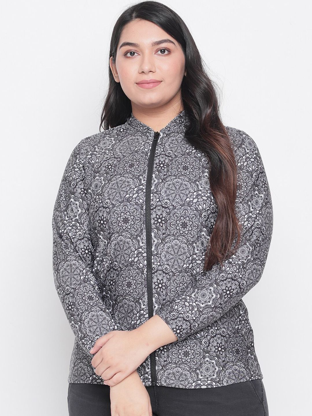 Amydus Women Plus Size Grey Printed Bomber Price in India