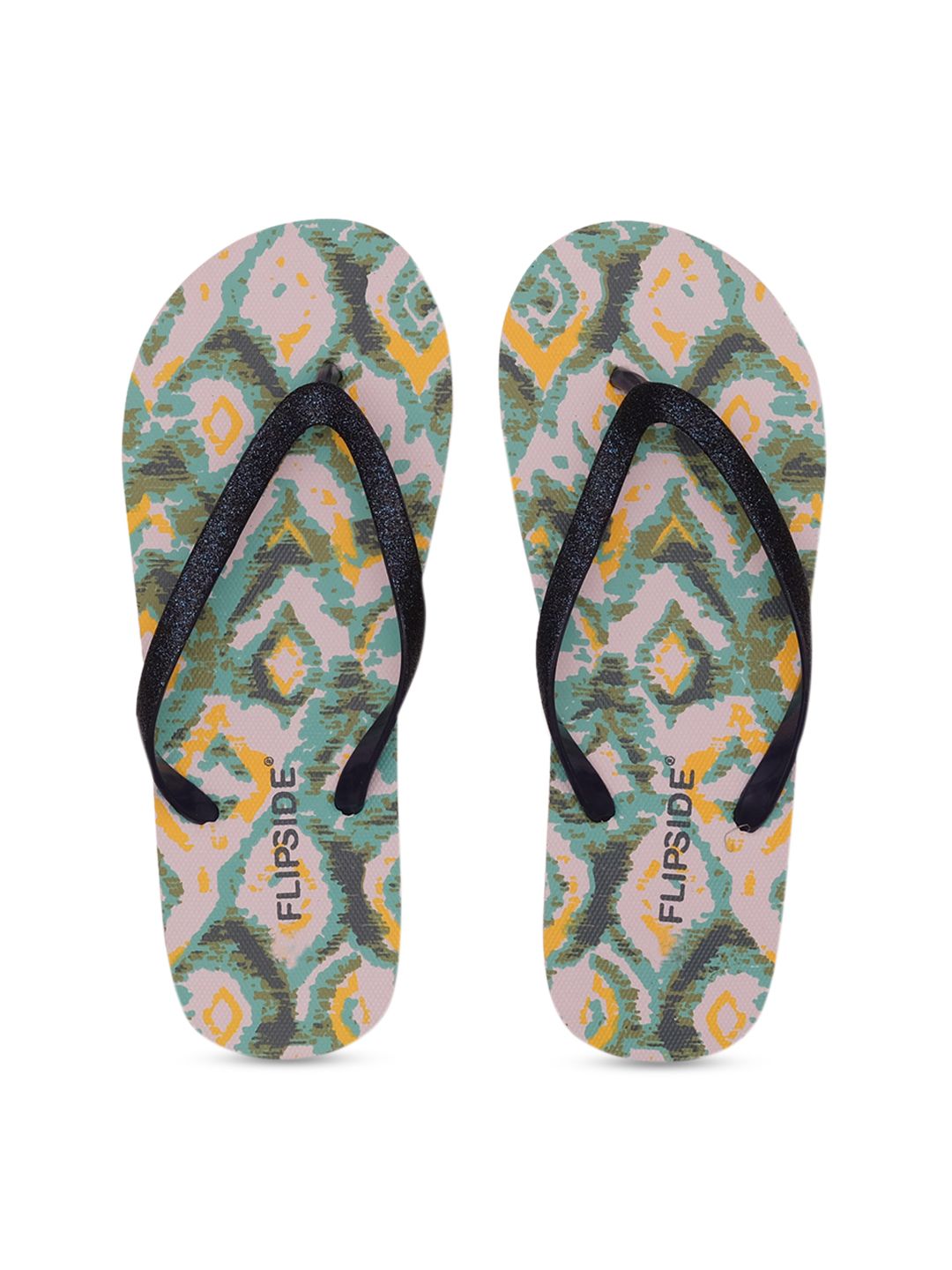 Flipside Women Black & Green Printed Thong Flip-Flops Price in India