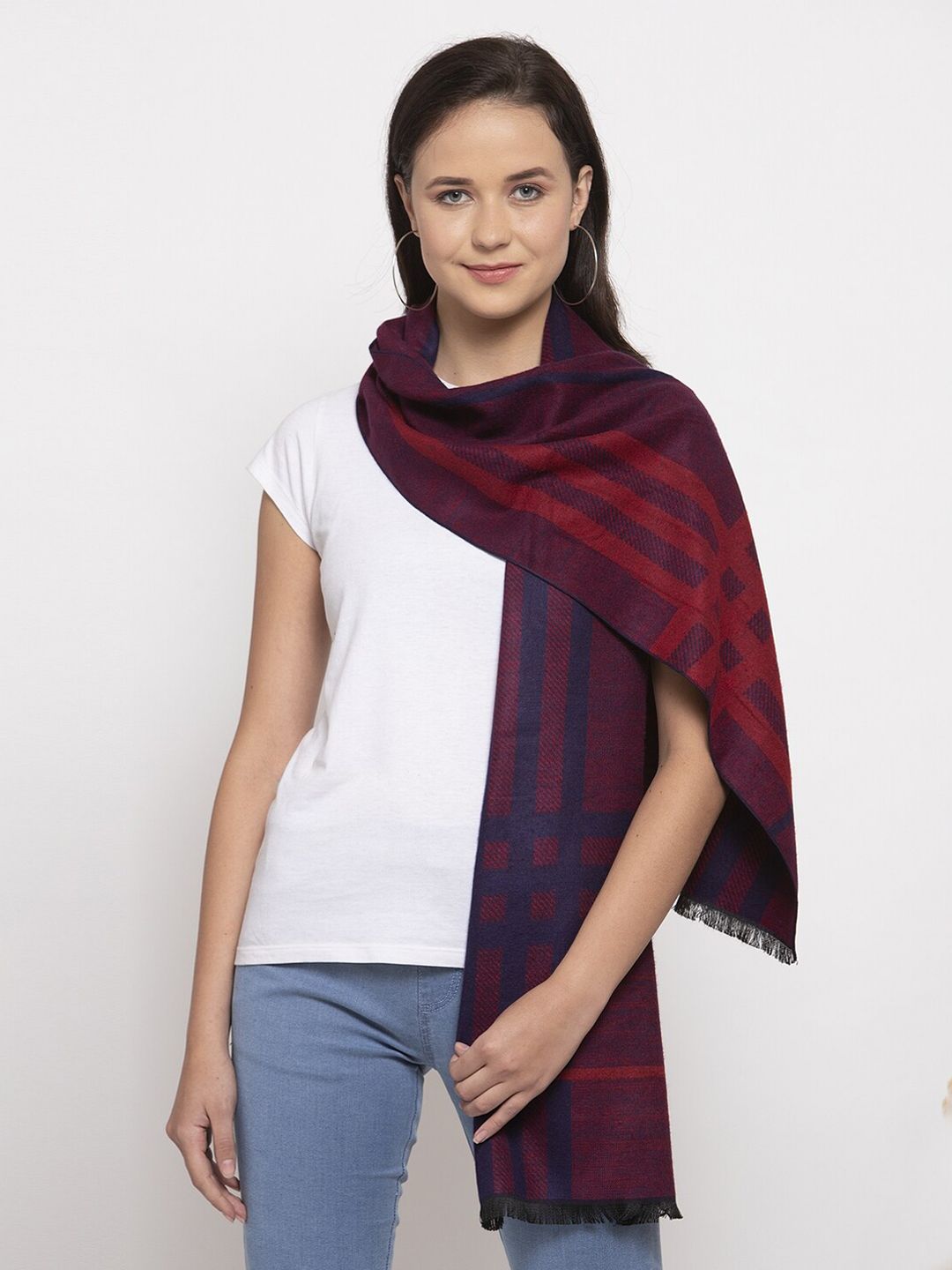 Calvadoss Women Maroon & Navy Blue Striped Stole Price in India