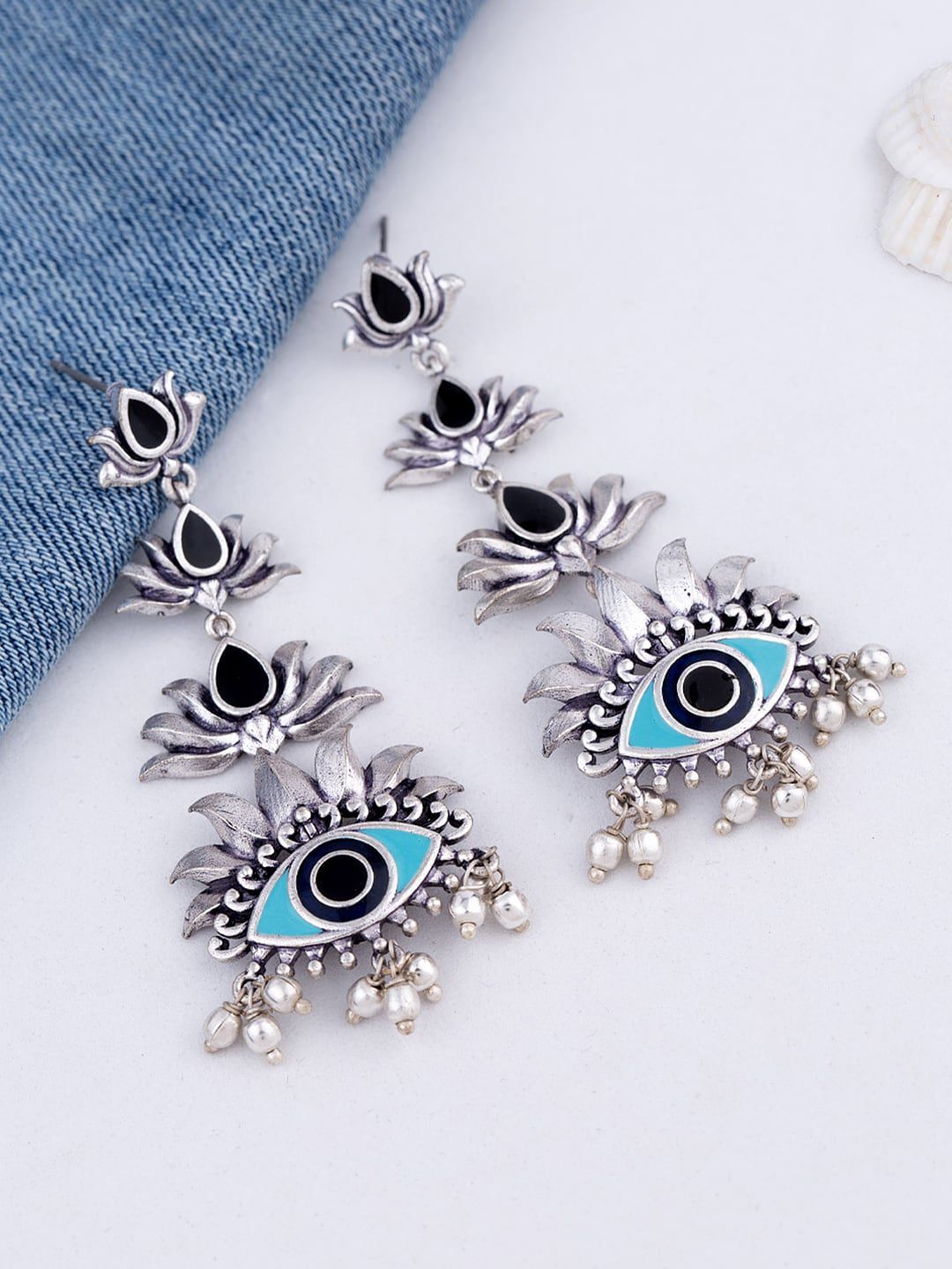 Voylla Silver-Plated & Blue Classic Drop Earrings Price in India