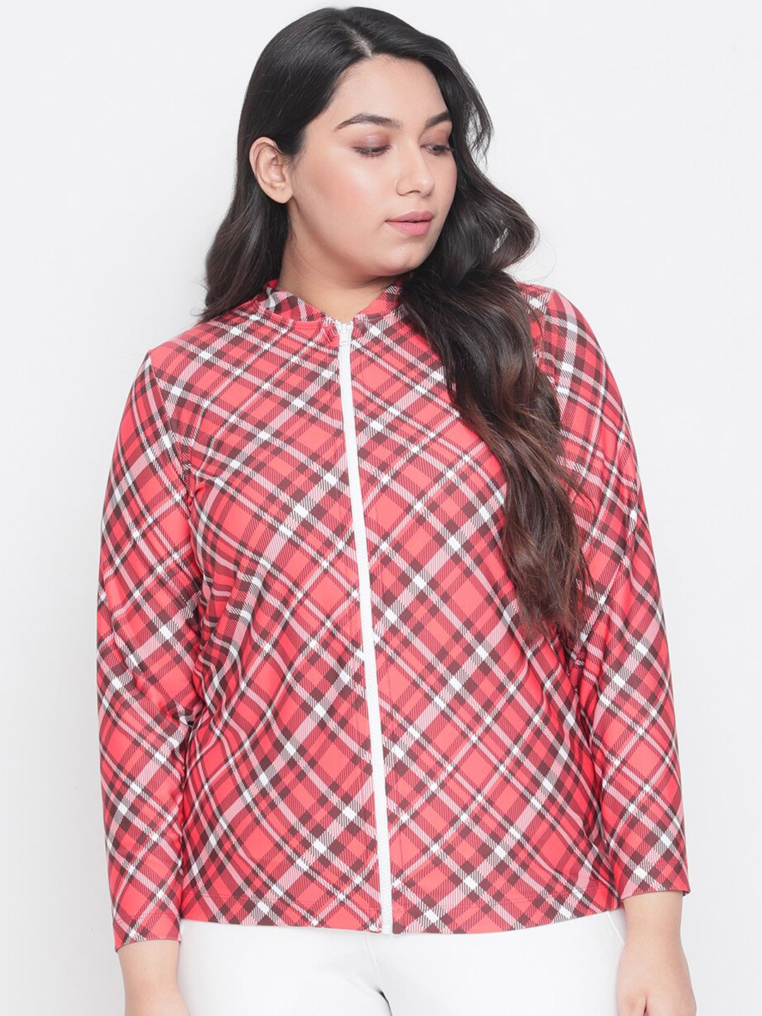 Amydus Women Plus Size Red Striped Bomber Jacket Price in India