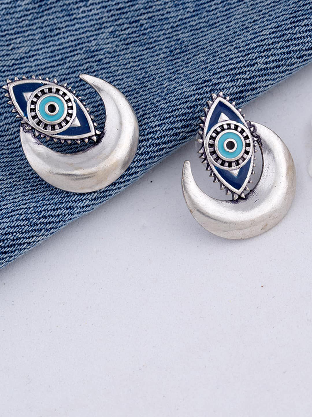 Voylla Oxidised Silver-Toned & Blue Handcrafted Evil Eye Oversized Studs Price in India