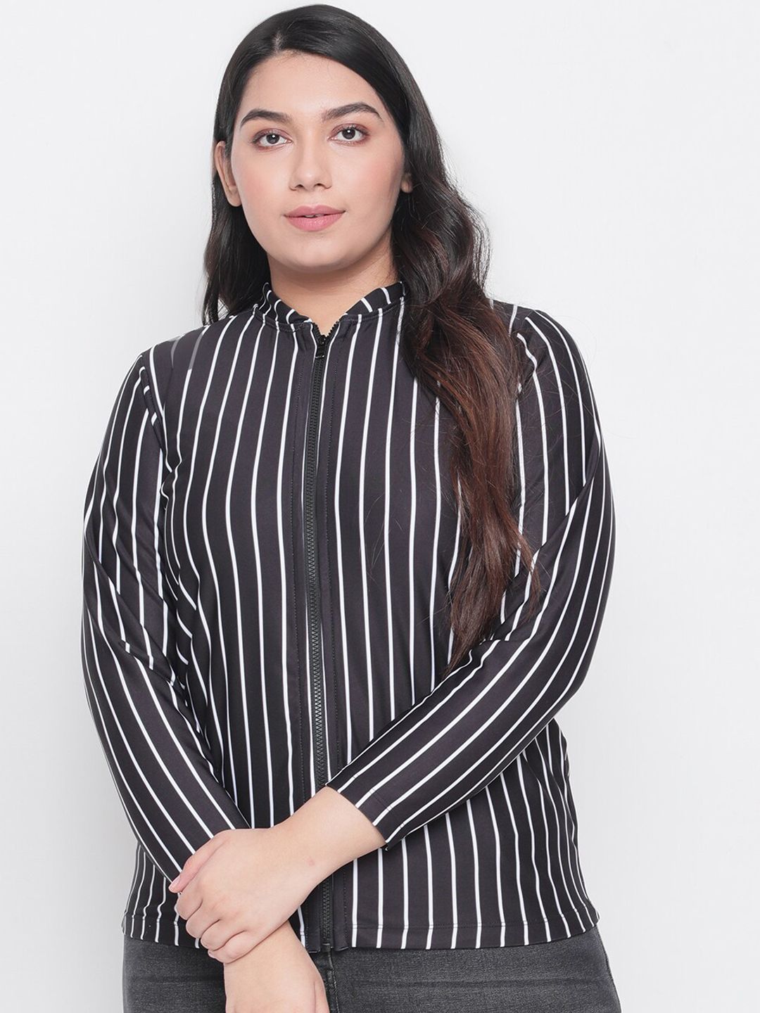 Amydus Women Plus Size Black Striped Tailored Jacket Price in India