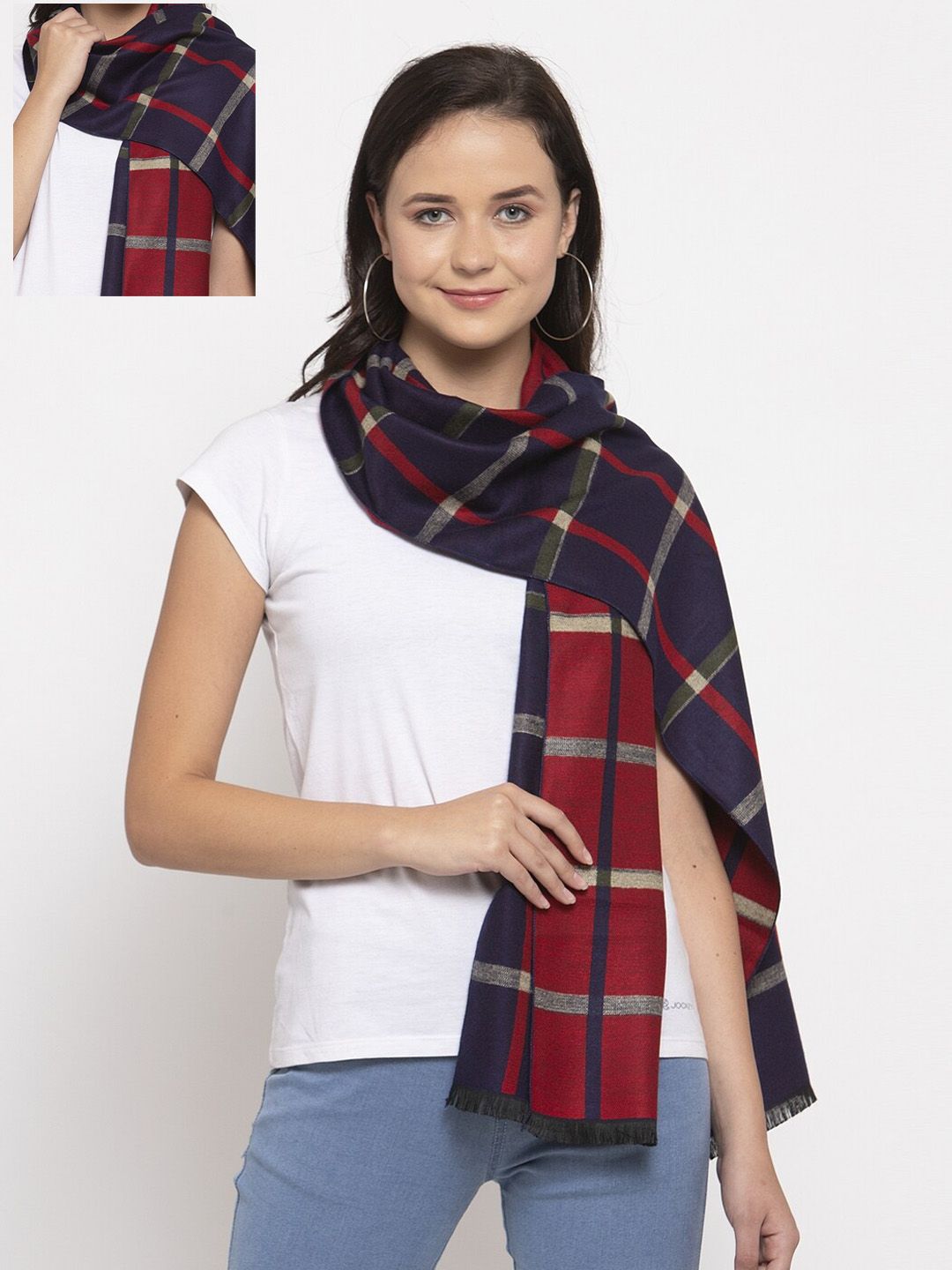 Calvadoss Women Blue & Red Checked Stole Price in India