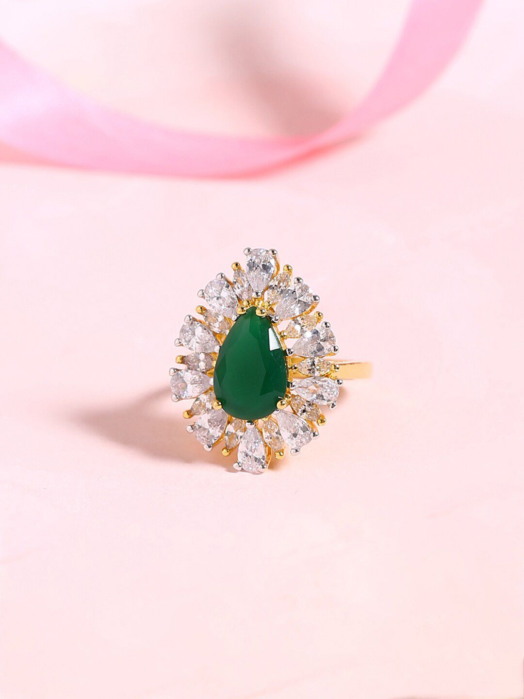 Voylla Gold-Toned & Green CZ-Studded Finger Ring Price in India