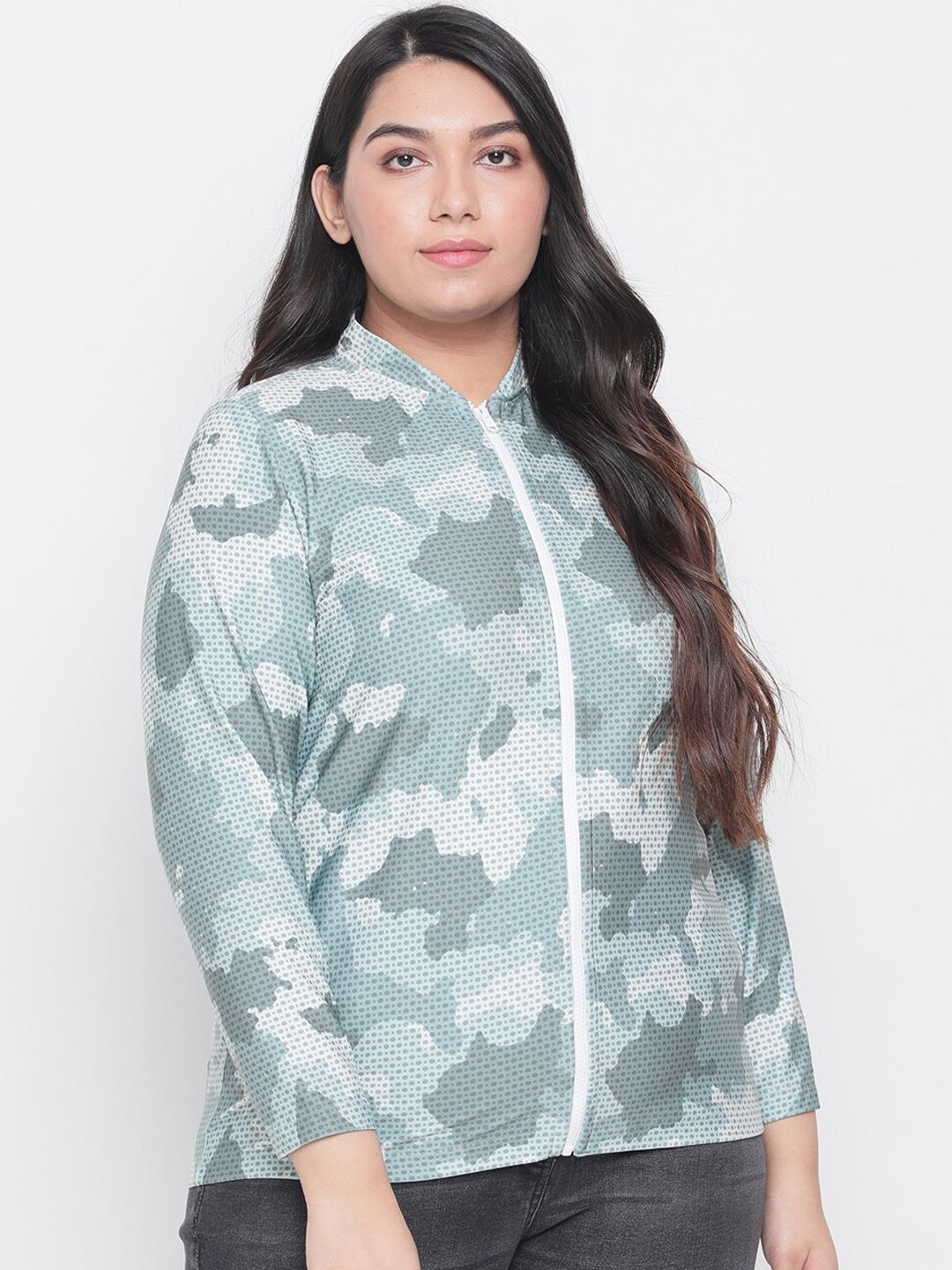 Amydus Women Plus Size Green Camouflage Printed Sporty Jacket Price in India
