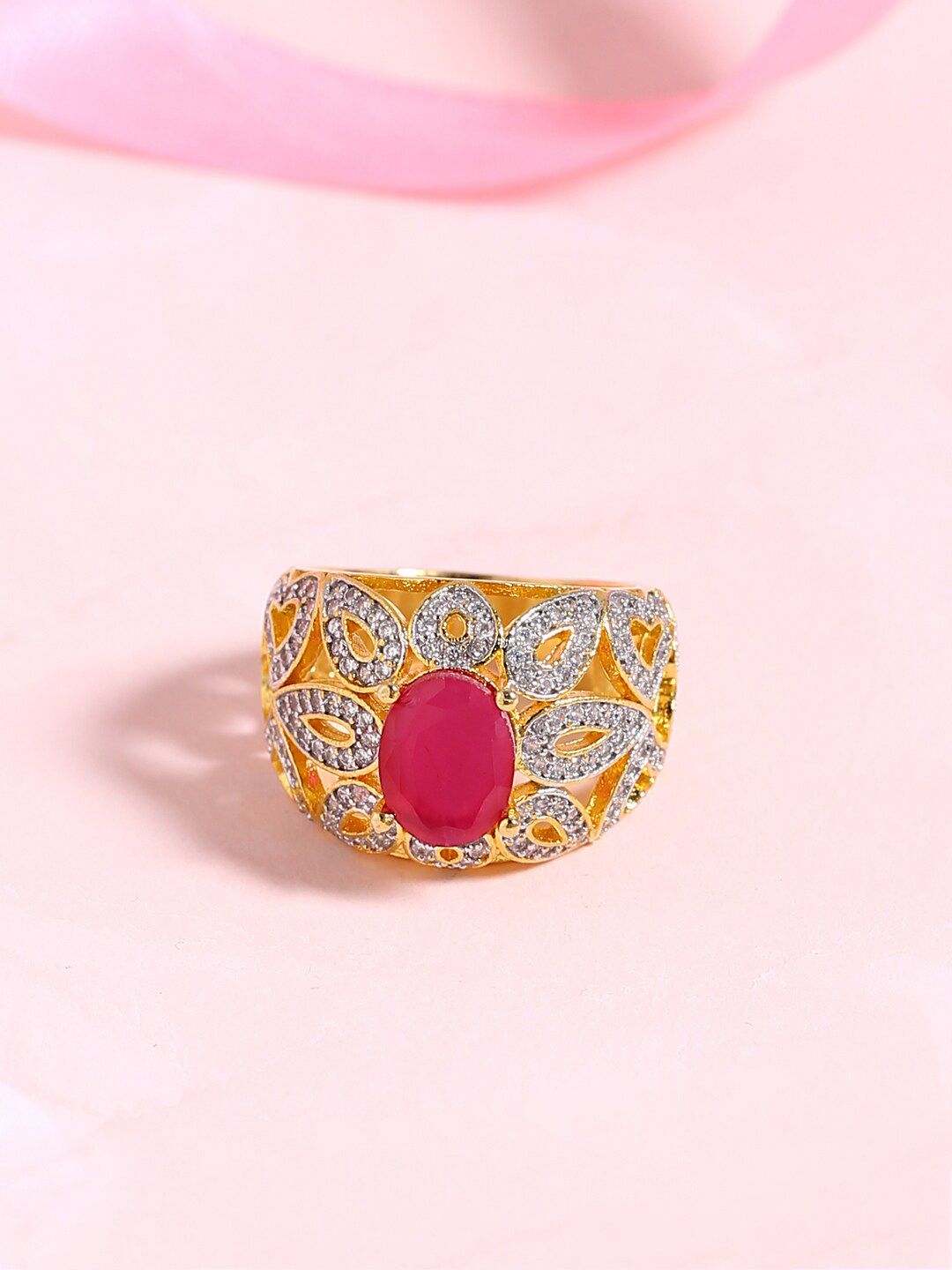 Voylla Gold-Plated Pink & White CZ Embellished Cocktail Ring Price in India