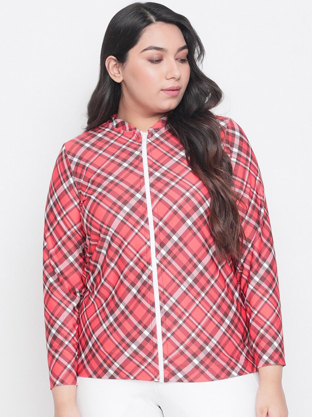 Amydus Women Plus Size Red Checked Bomber Jacket Price in India