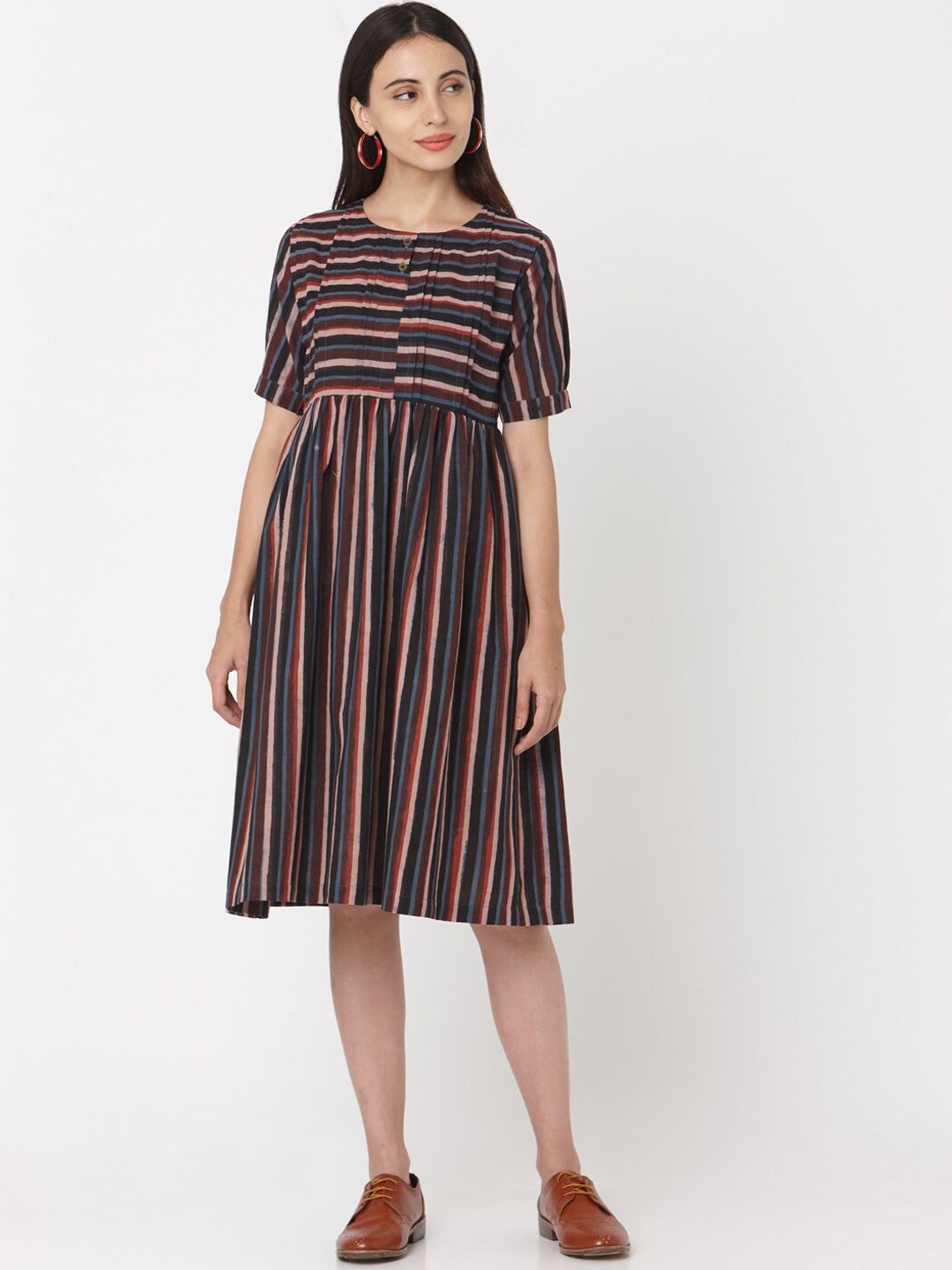 Saanjh Women Multicoloured Striped Fit and Flare Dress Price in India