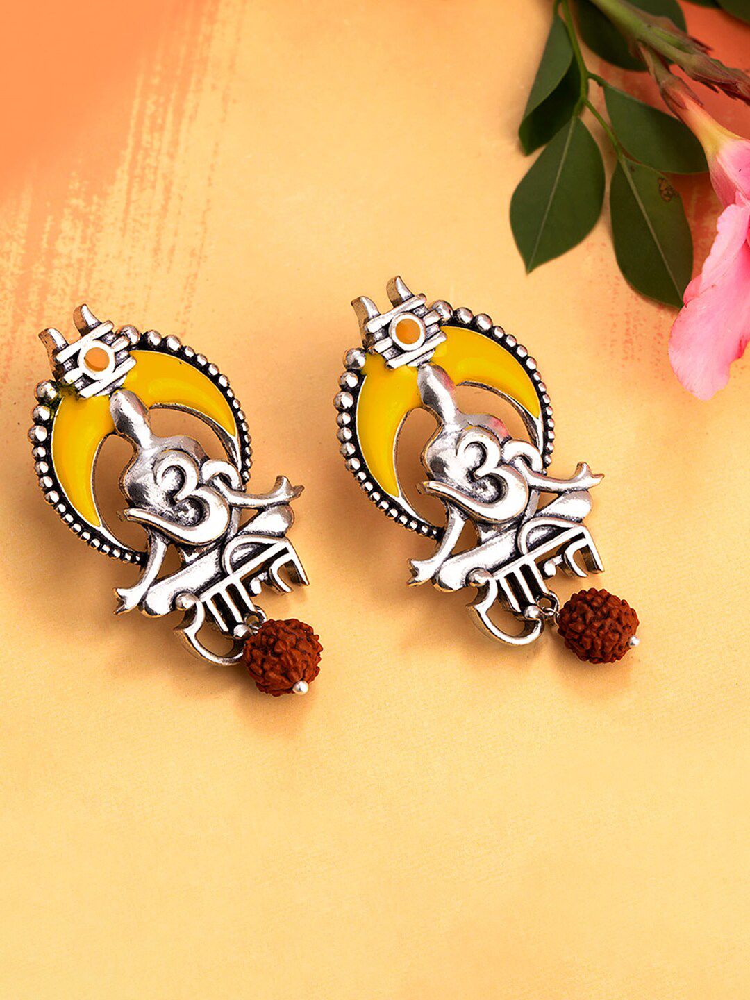 Studio Voylla Silver-Plated & Red Om Shanti Classic Studs Price in India