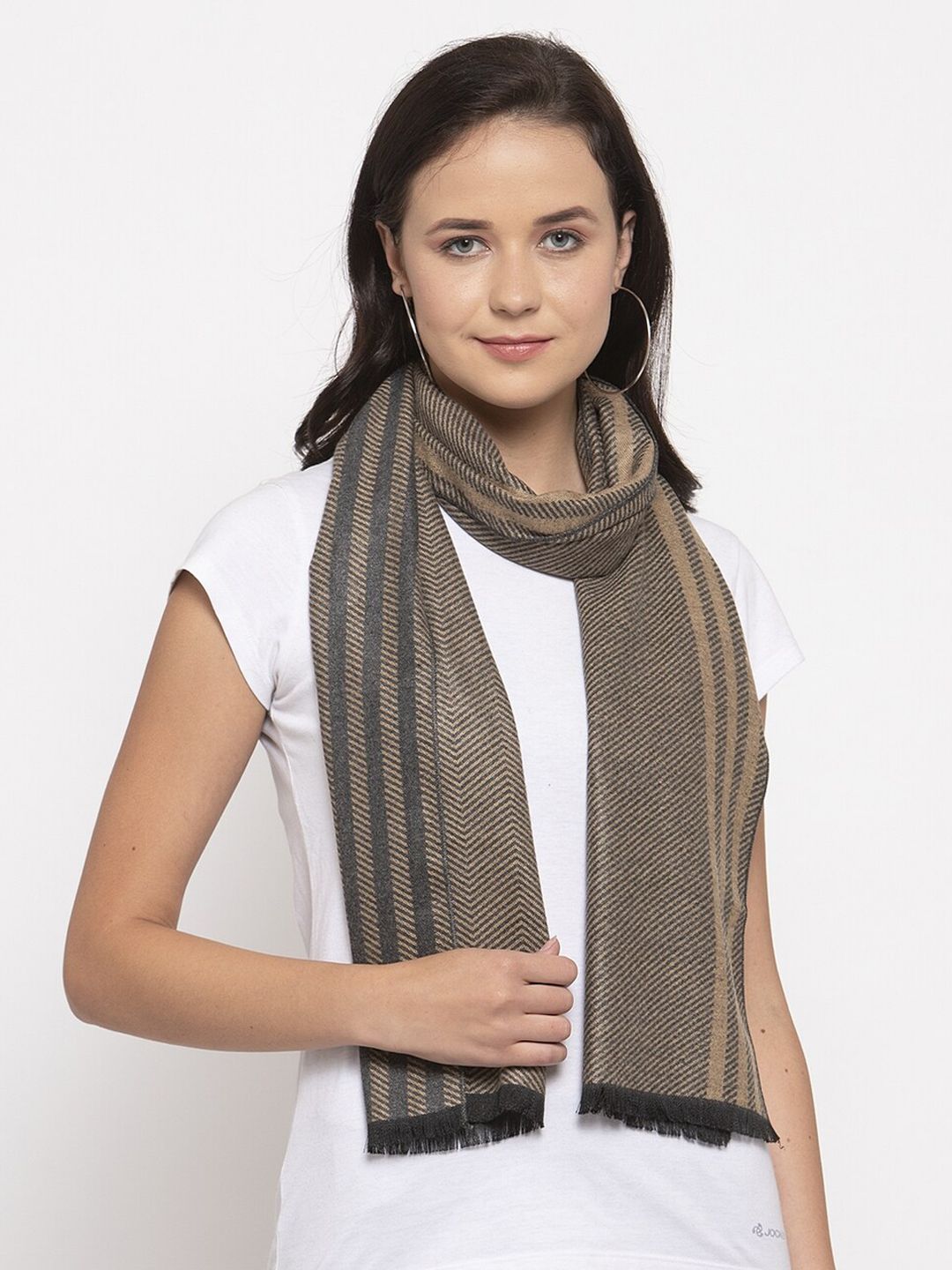 Calvadoss Women Beige & Grey Self-Striped Stole Price in India