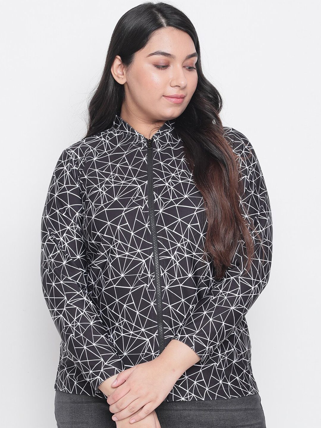 Amydus Women Plus Size Black & Off-White Printed Bomber Price in India