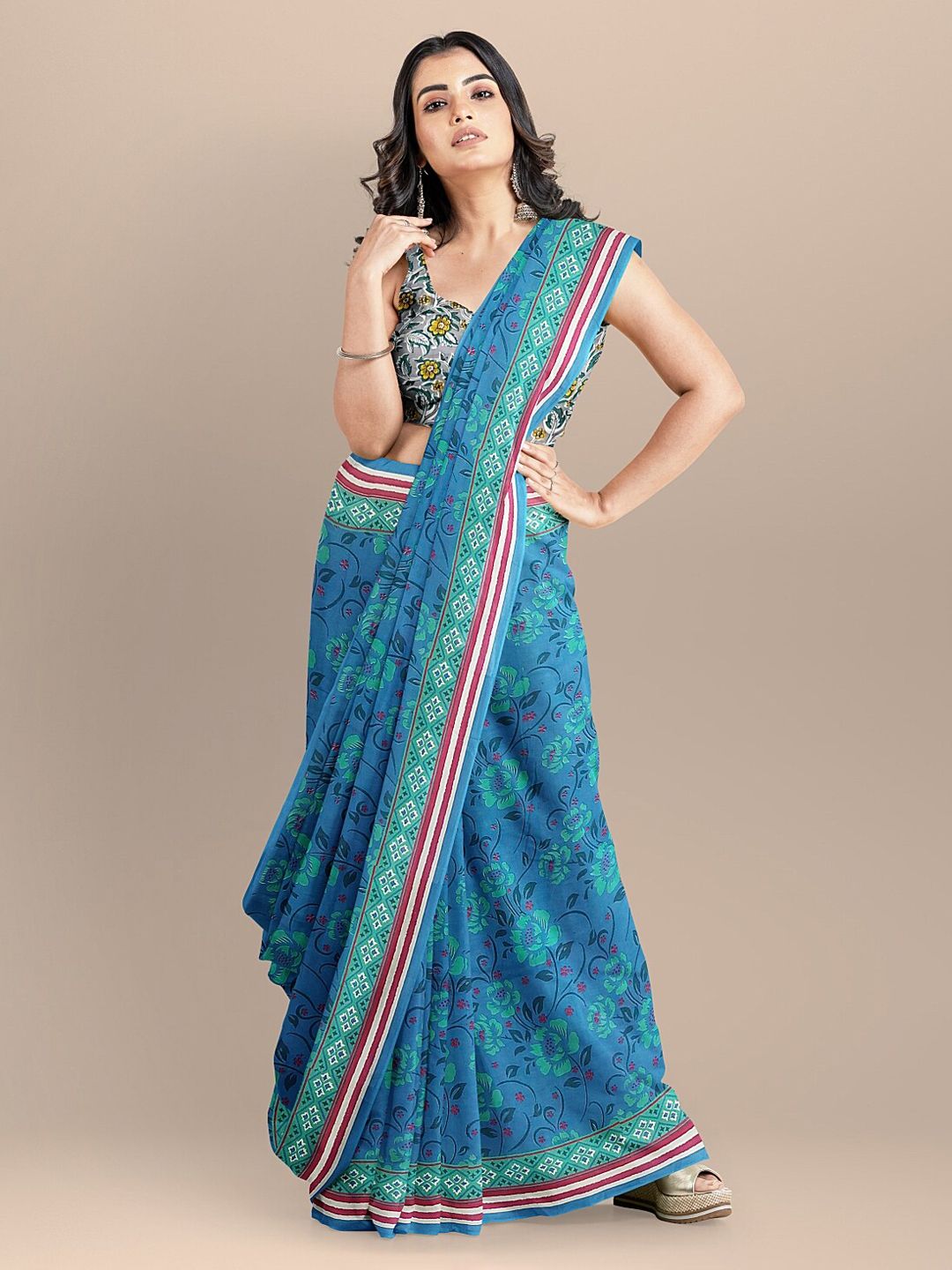 BharatSthali Blue Pure Cotton Printed Handloom Bagru Saree