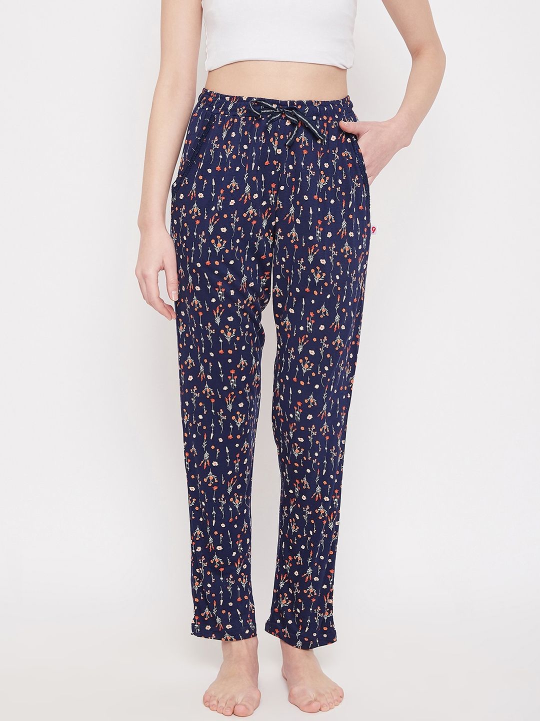 C9 AIRWEAR Women Navy Blue & Orange Floral Printed Pure Cotton Lounge Pants Price in India