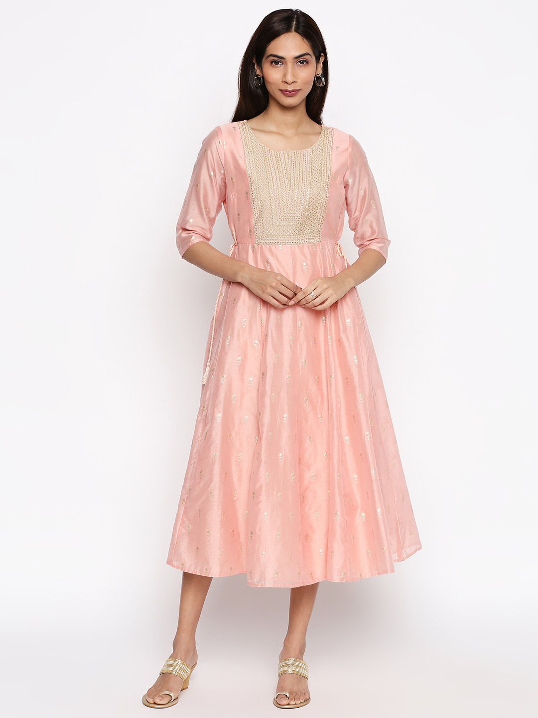 RANGMANCH BY PANTALOONS Women Peach-Coloured Self Design Fit and Flare Dress