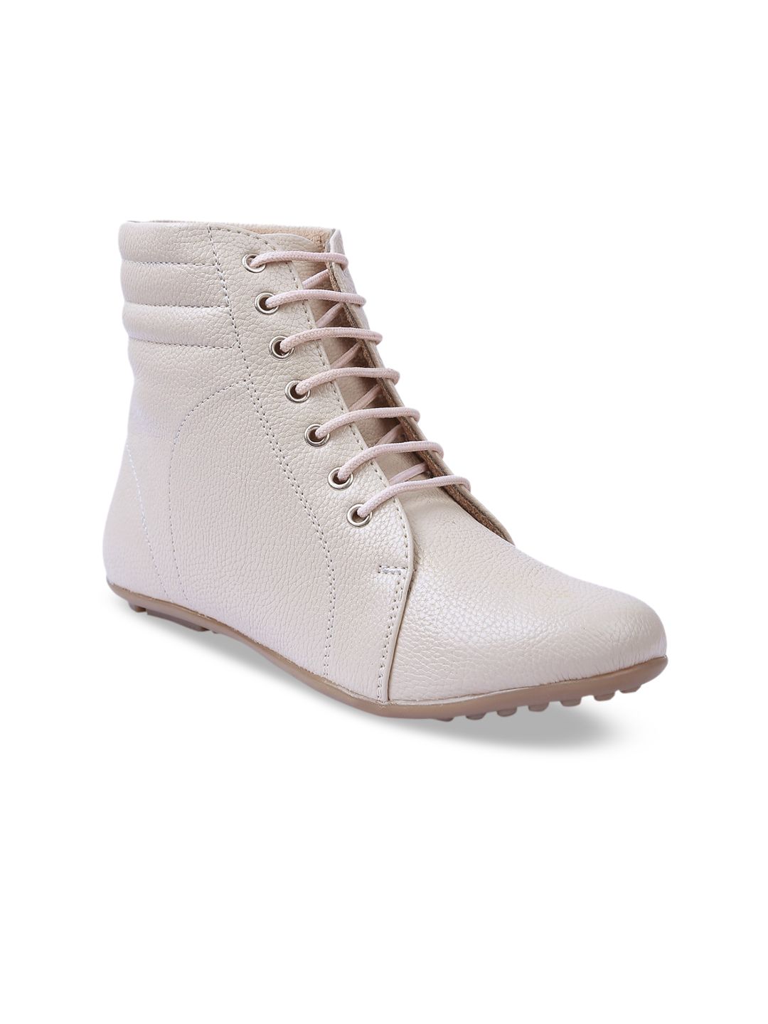 VALIOSAA Women Cream-Coloured Solid Synthetic Mid-Top Flat Boots Price in India