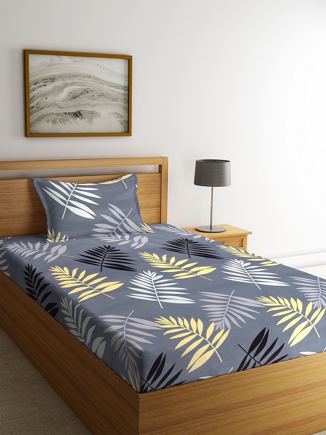KLOTTHE Grey & Yellow Floral Printed 210 TC Single Bedsheet With 1 Pillow Cover Price in India