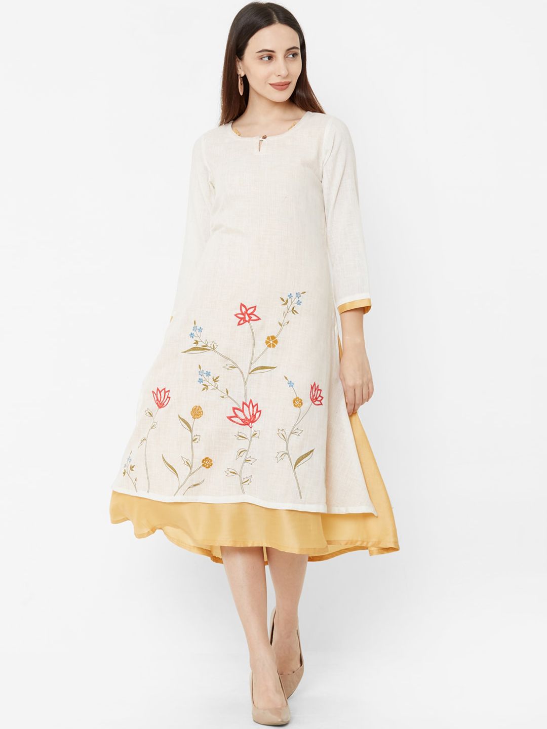Os Women Cream-Coloured Embroidered A-Line Dress Price in India