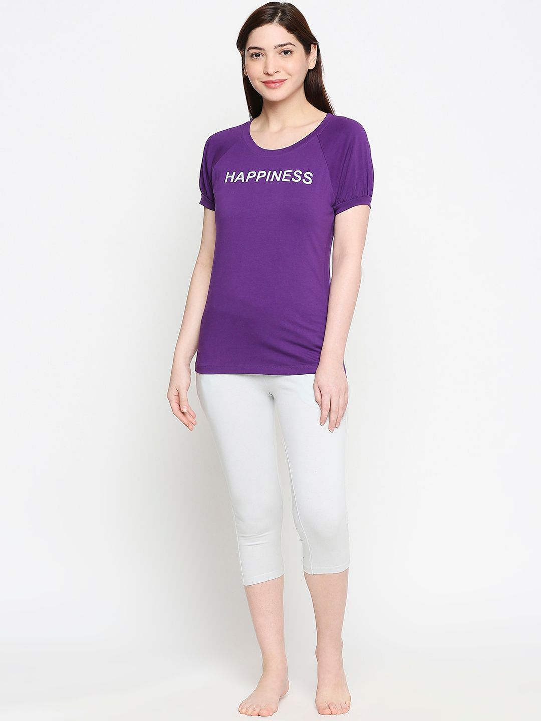 XIN Women Purple & White Solid T-Shirt With Bottom Set Price in India