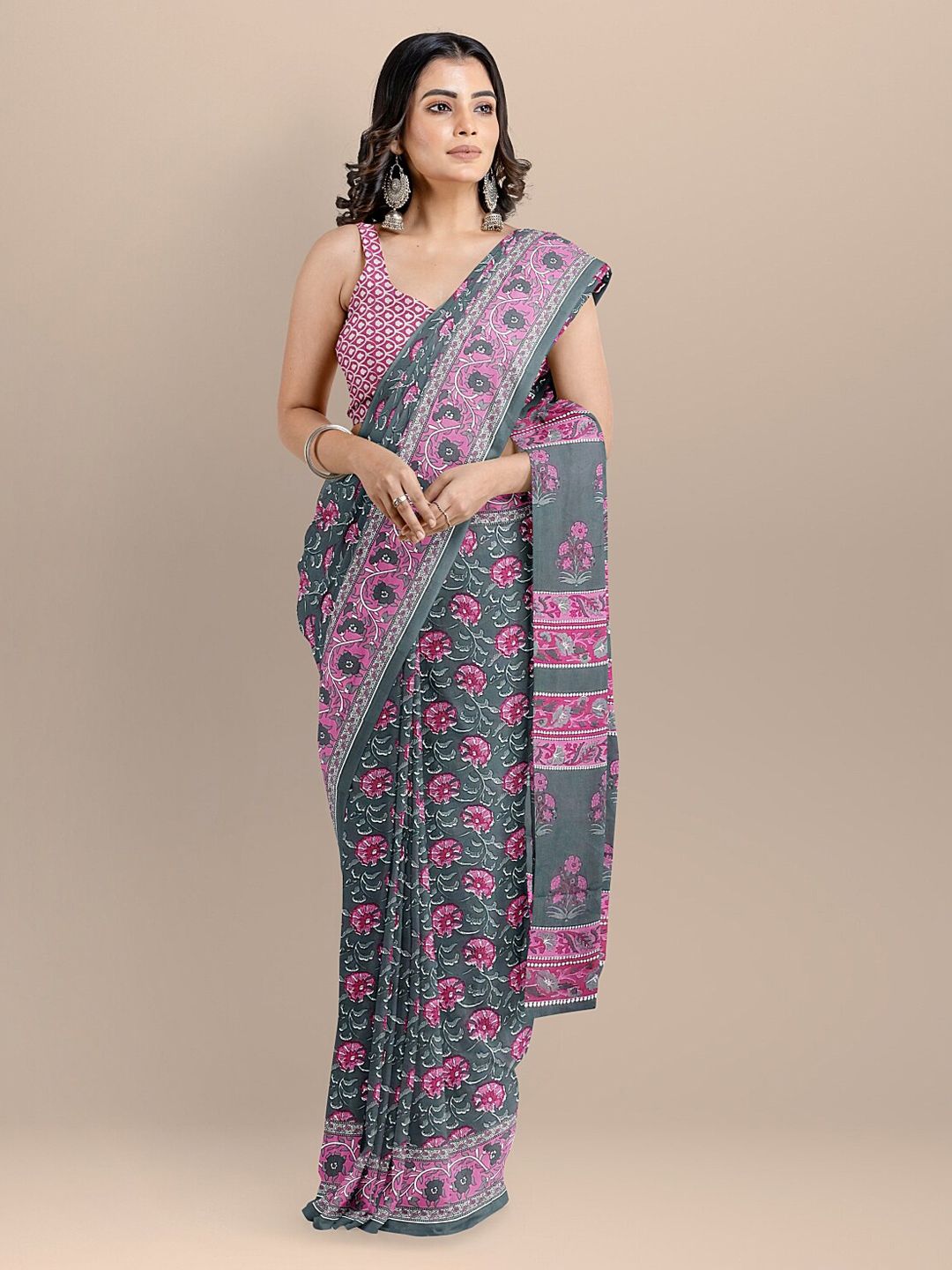 BharatSthali Grey Printed Bagru Saree