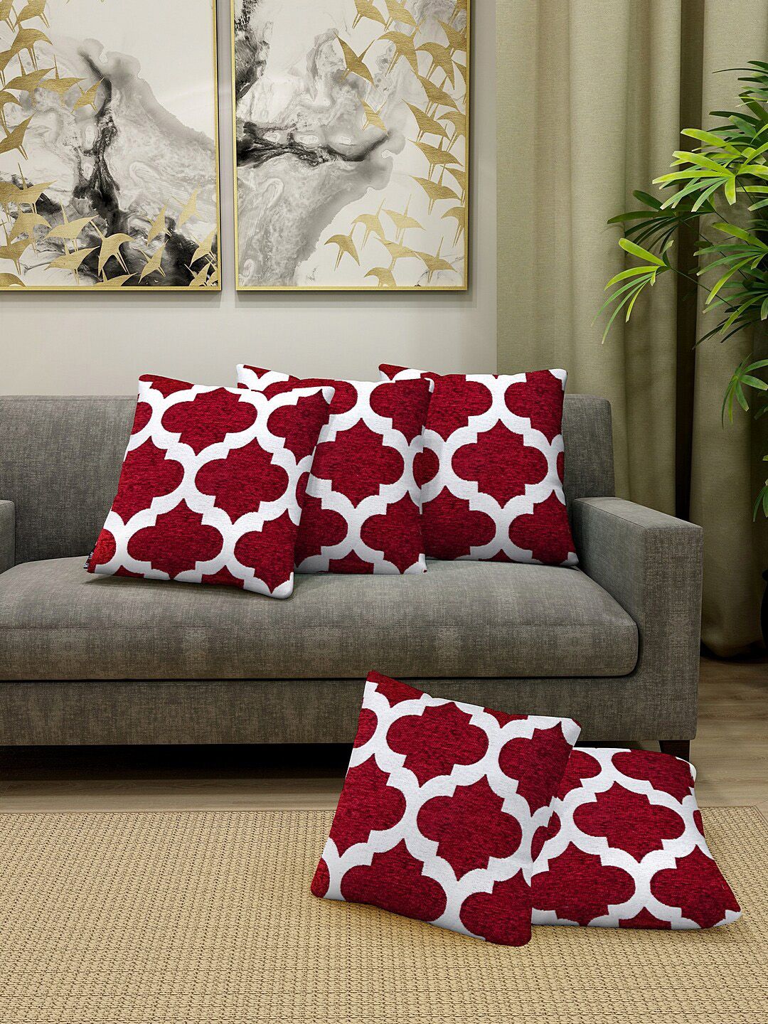 KLOTTHE Set of 5 Maroon & White Self Design Square Cushion Covers Price in India