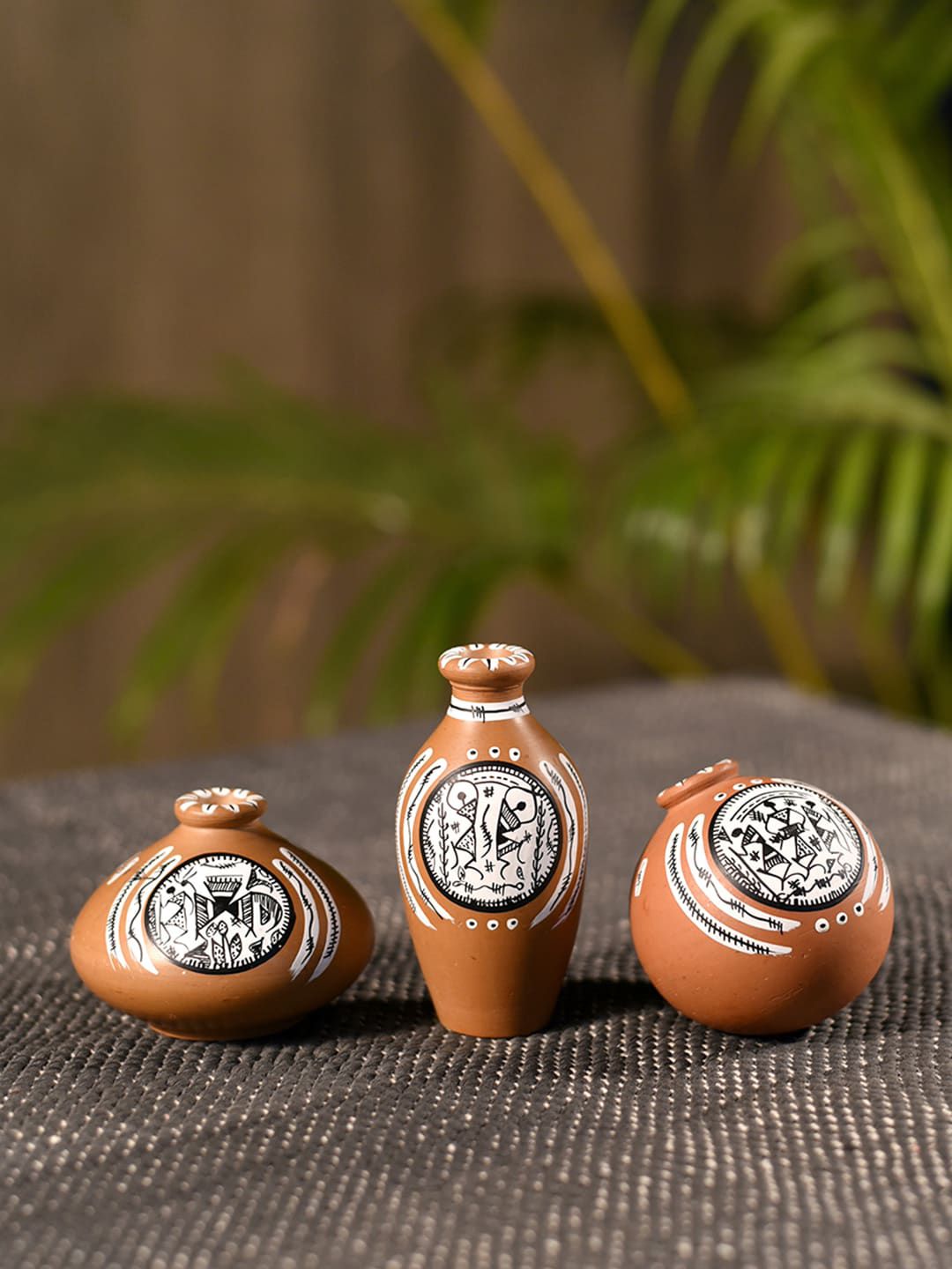 Unravel India Set of 3 Brown & Black Worli Hand-Painted Terracotta Vases Price in India