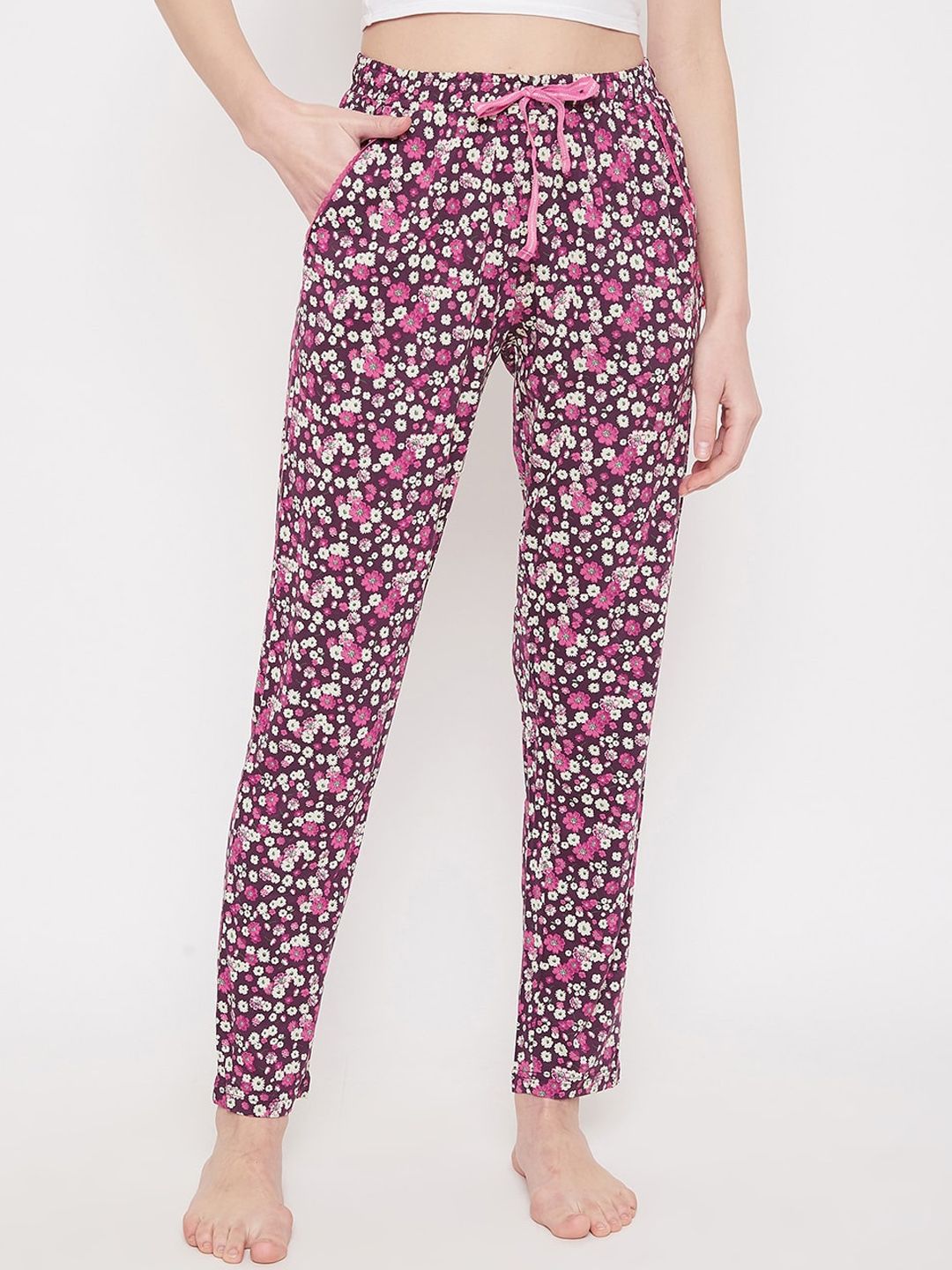 C9 AIRWEAR Women Magenta & White Floral Printed Pure Cotton Lounge Pants Price in India