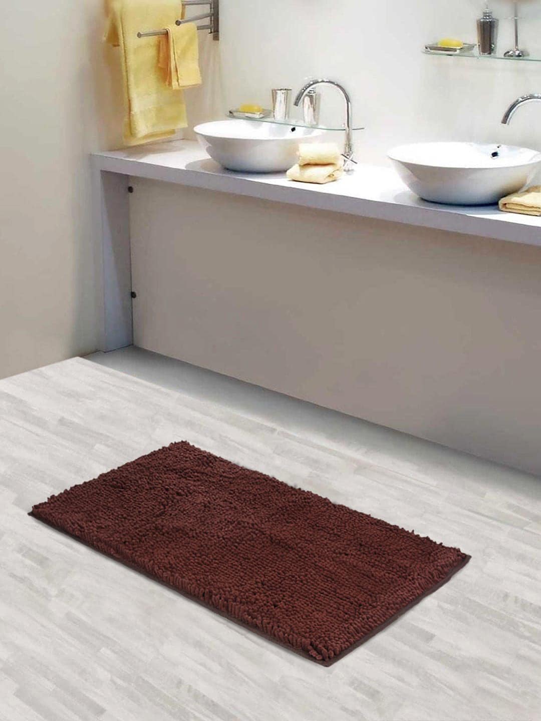 Lushomes Brown Textured Chenille High Pile Microfiber With Synthetic Backing Bath Mat Price in India