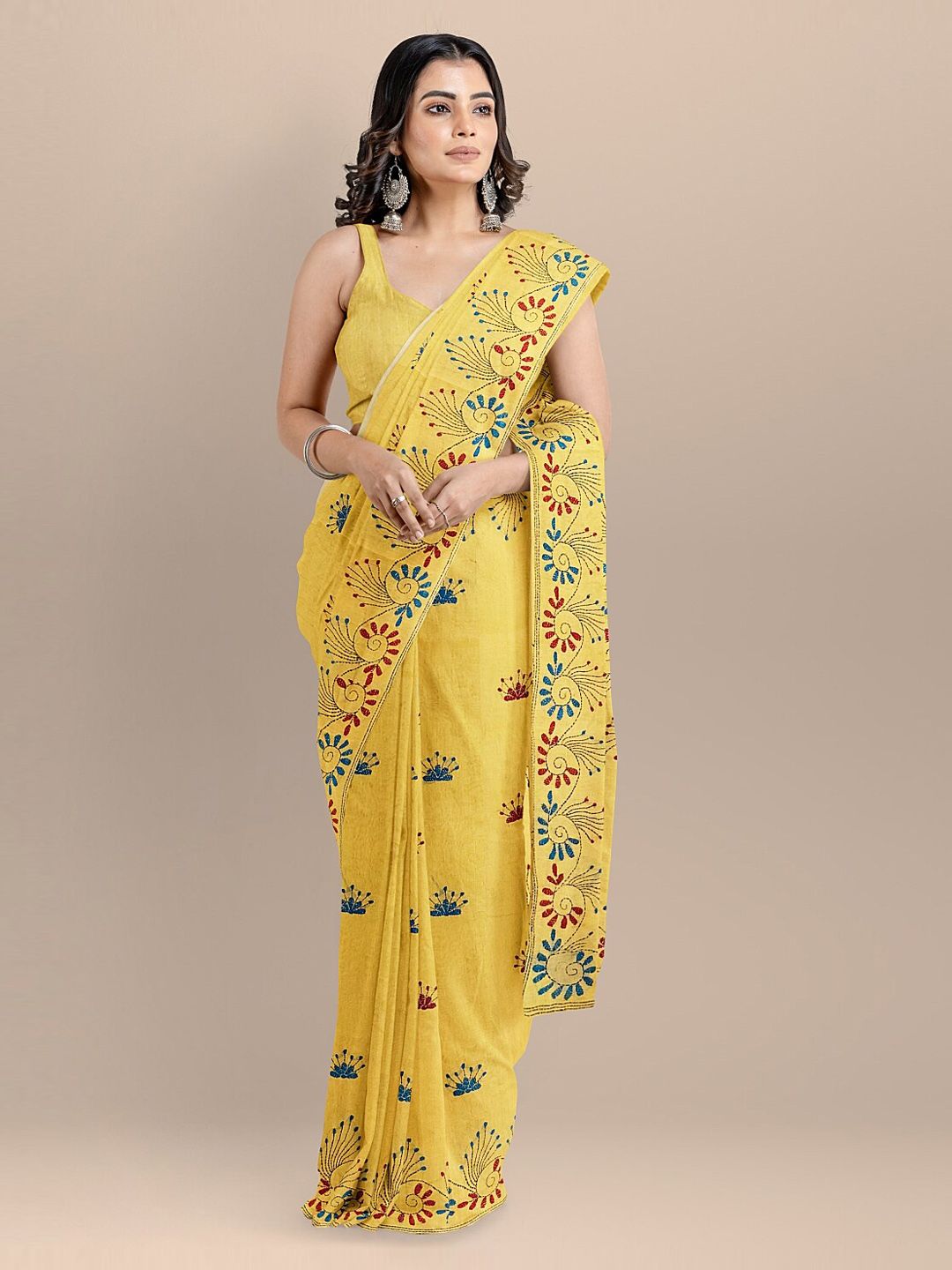 BharatSthali Yellow Pure Cotton Embroidered Handloom Taant Saree