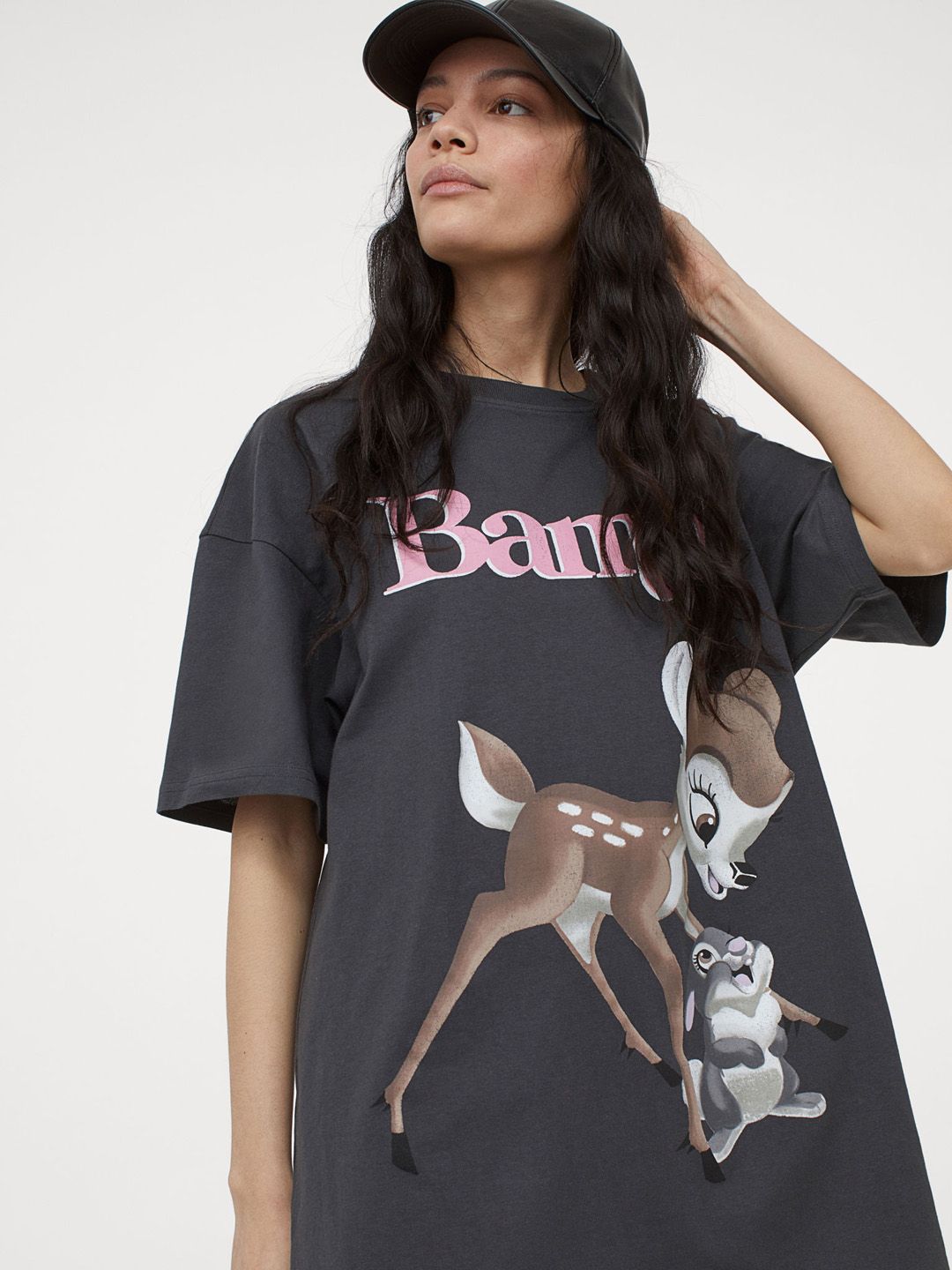 H&M Women Grey & Brown Bambi Printed Oversized Motif-Detail T-shirt