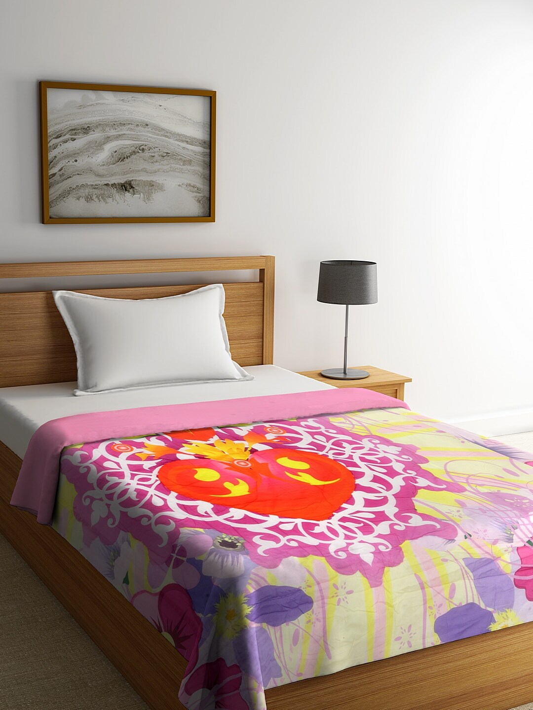 REME Pink & Yellow Digital Floral Printed Organic-Cotton Heavy Winter 150 GSM Sustainable Single Bed Quilt Price in India