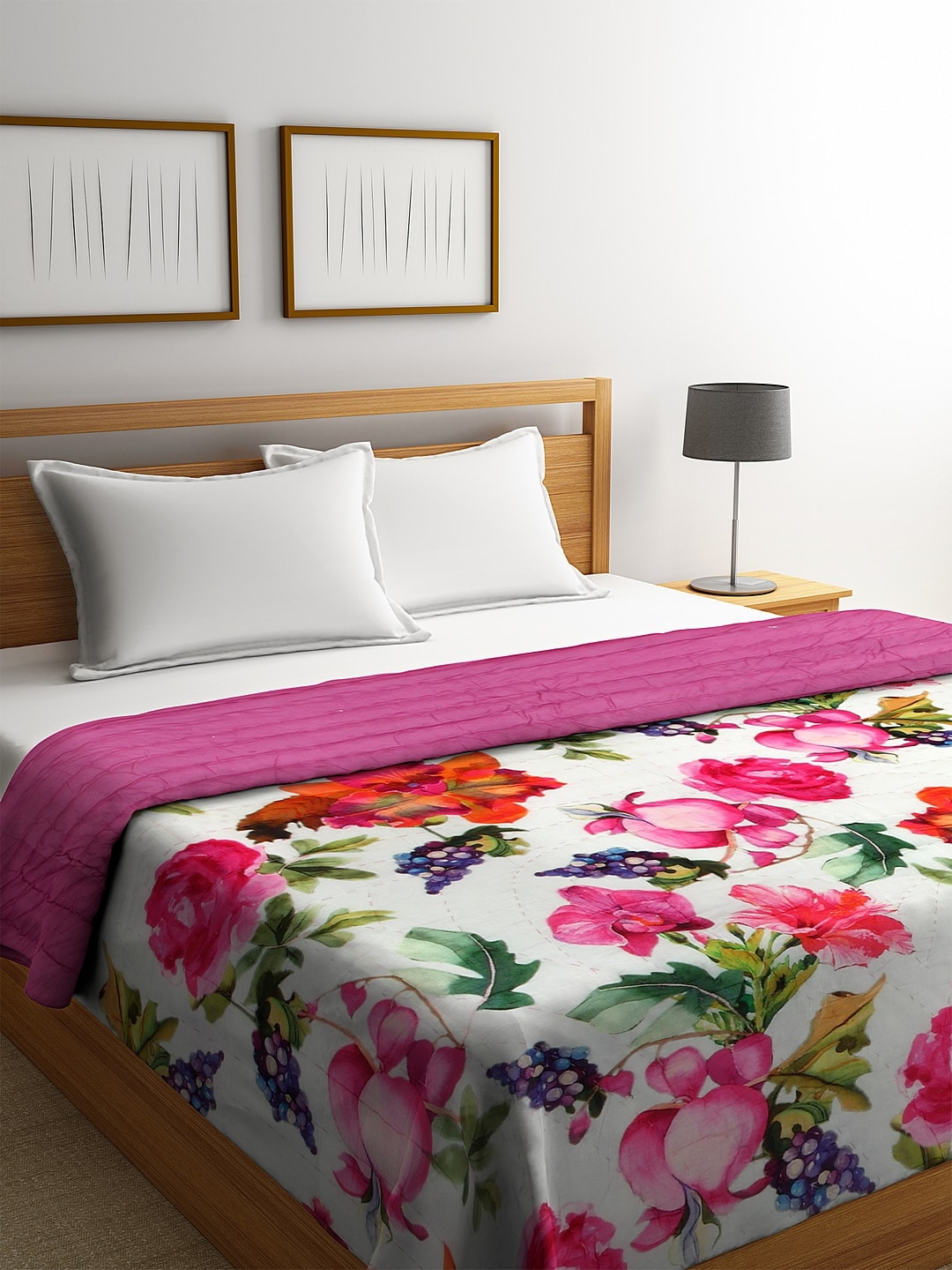 REME White & Pink Digital Floral Printed Organic-Cotton Heavy Winter 150 GSM Sustainable Double Bed Quilt Price in India