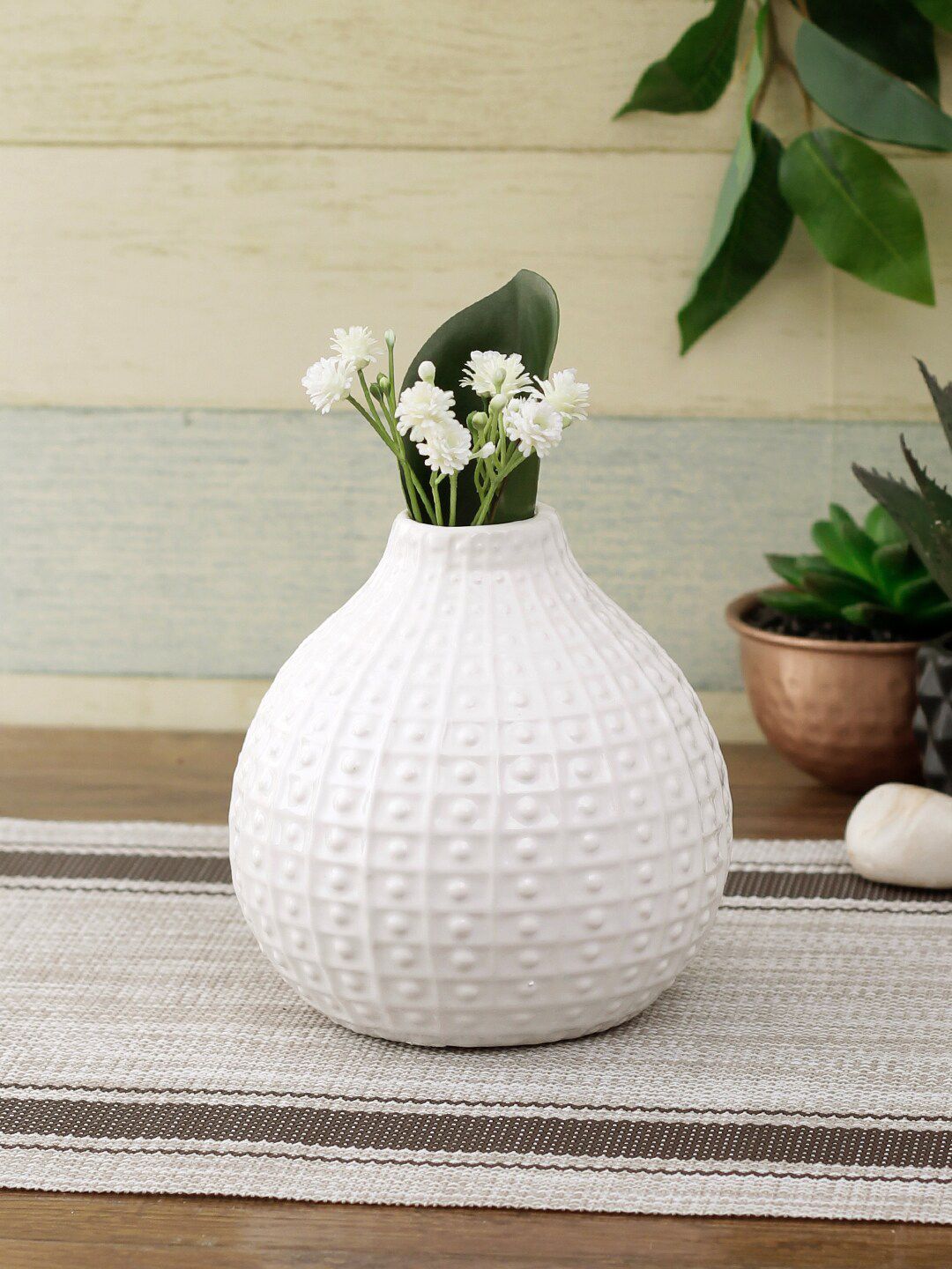TAYHAA White Textured Handcrafted Flower Vase Price in India