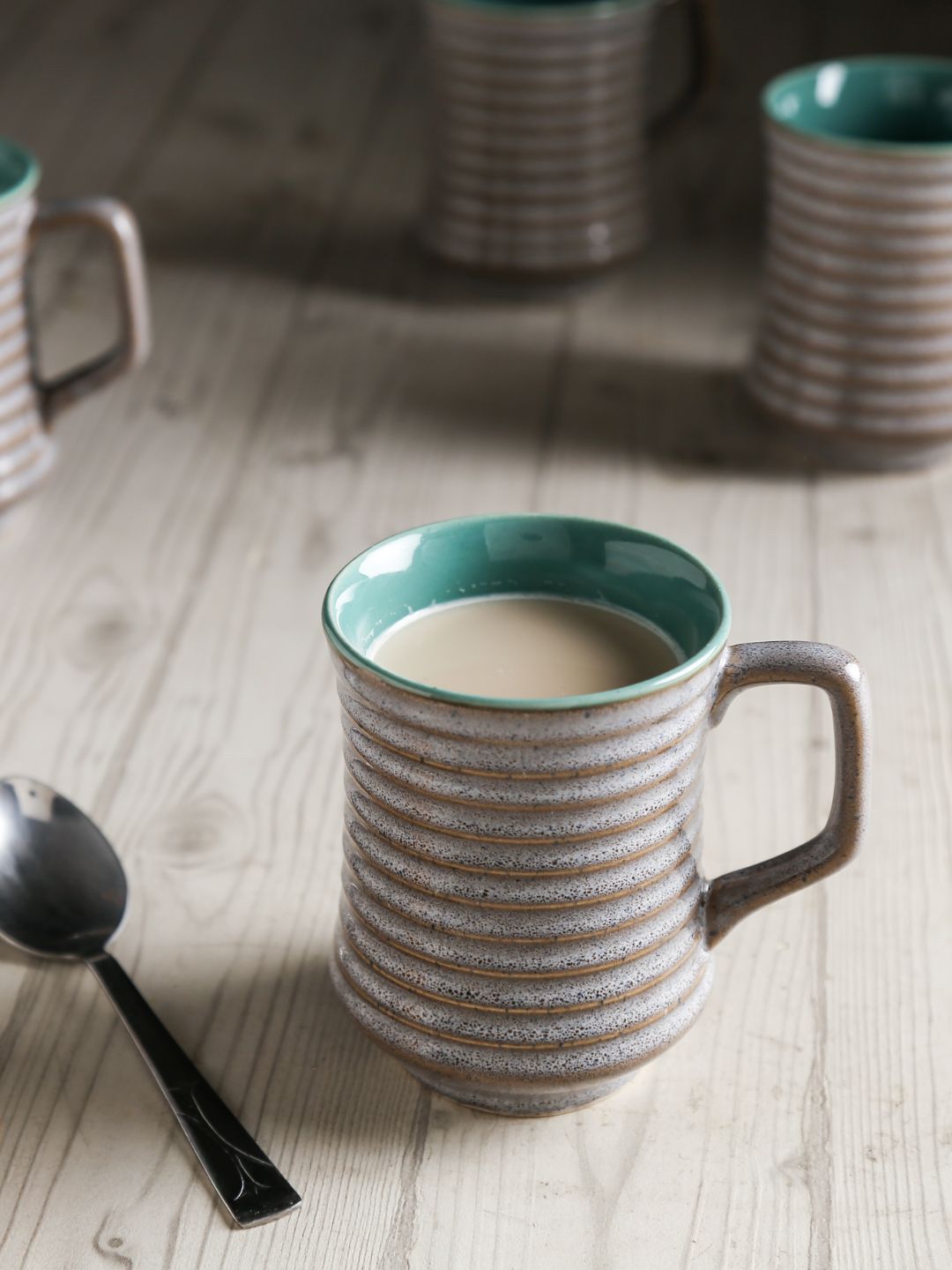 Unravel India Unisex Set Of 6 Grey & Sea Green Handcrafted Printed Mugs Price in India